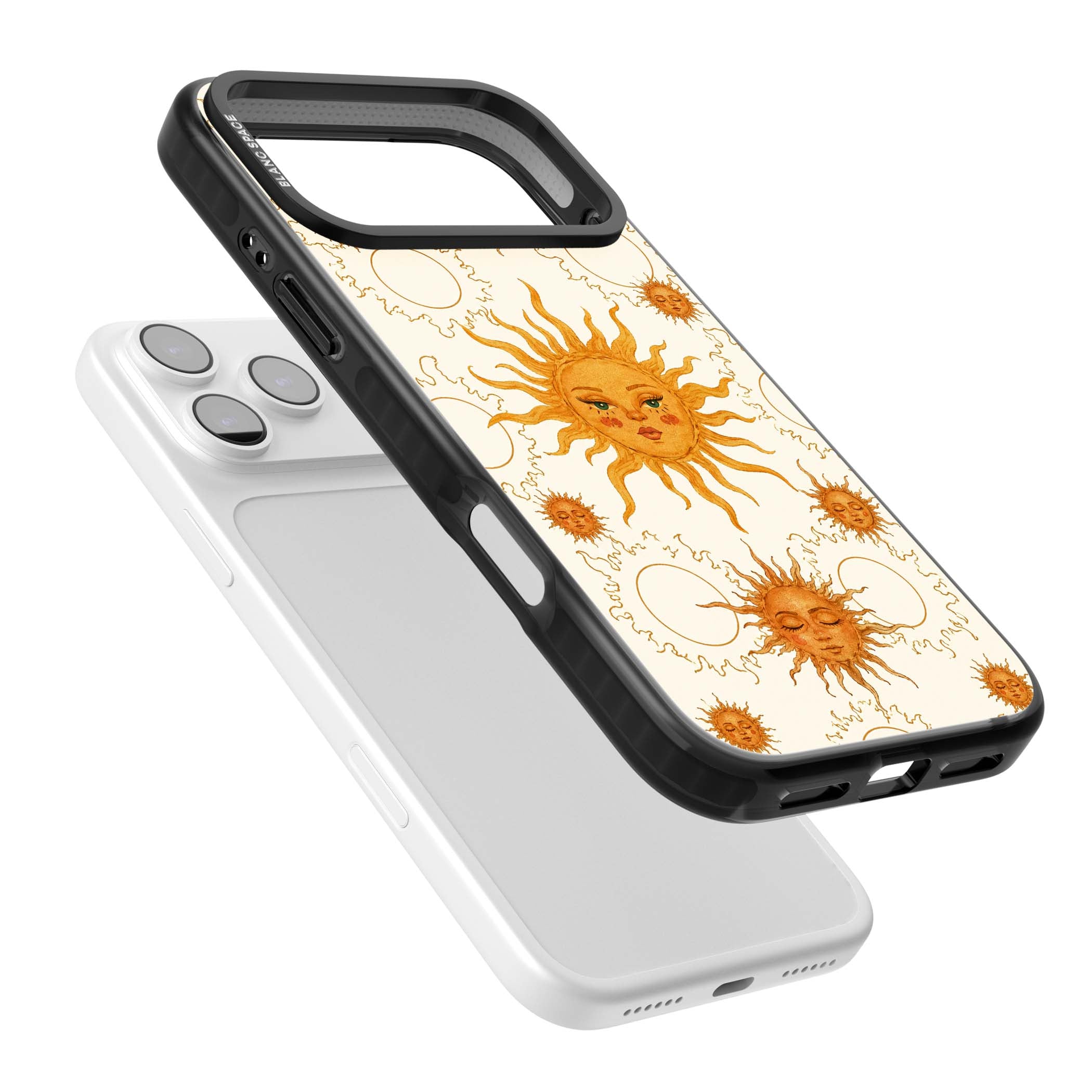 Solstice Muse celestial iPhone case featuring hand-painted golden sun faces, closed-eye sun goddesses and outlined moons... | Clear Impact case for iPhone 17 Pro, iPhone 17 Pro Max