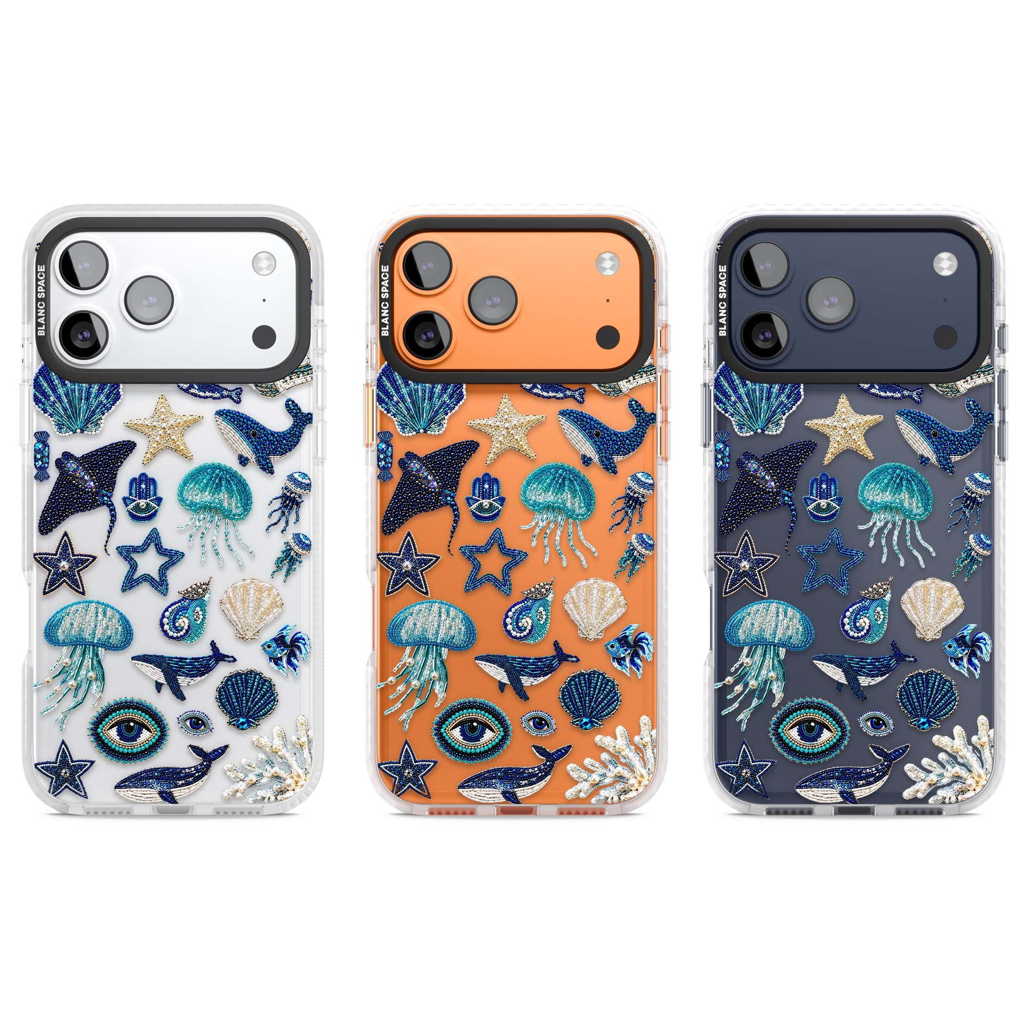 Beaded Coastal coastal iPhone case featuring embroidered seashells, jellyfish and a blue whale on clear | Black Impact case for iPhone 17 Pro, iPhone 17 Pro Max
