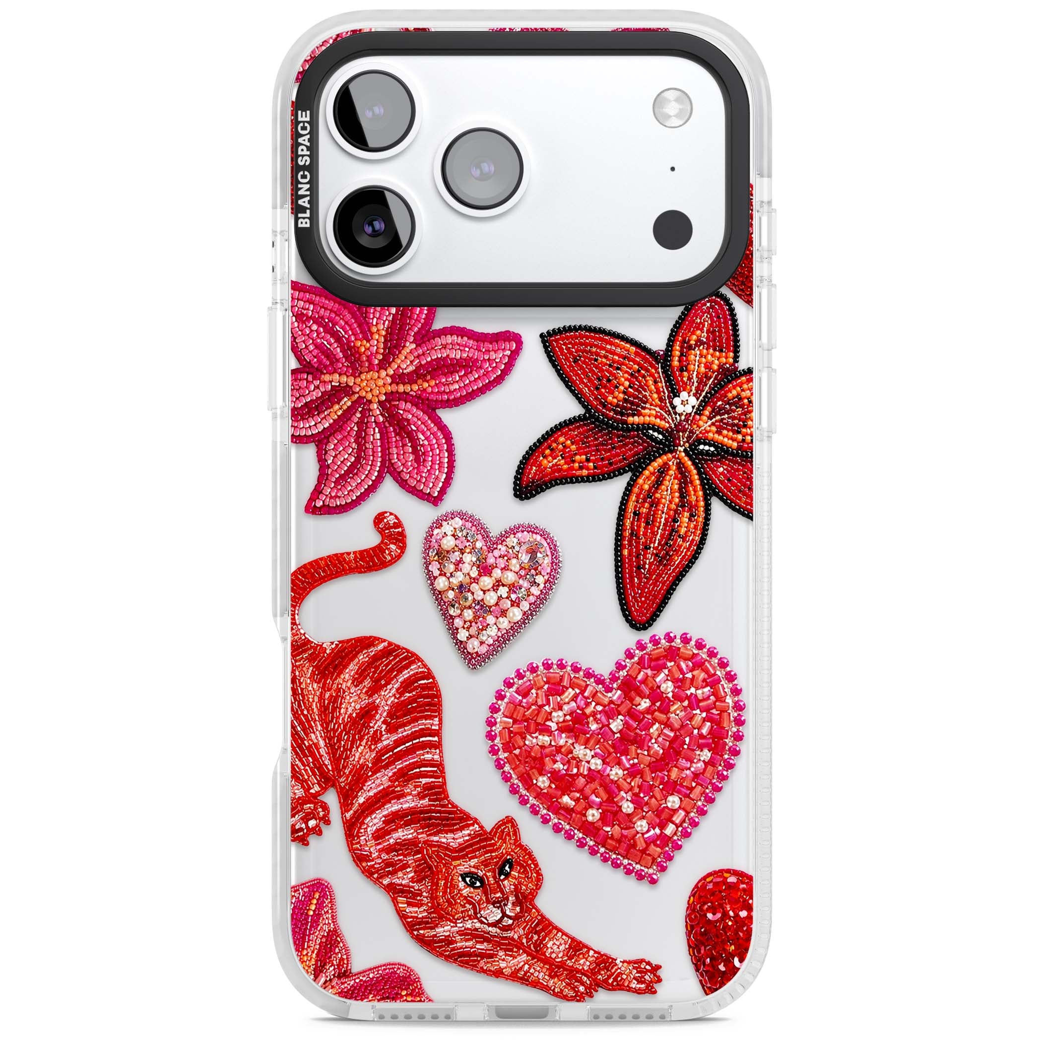 Beaded Boho floral iPhone case featuring beaded red lilies, a stitched tiger, and pearl-encrusted hearts on clear | Black Impact case for iPhone 17 Pro, iPhone 17 Pro Max