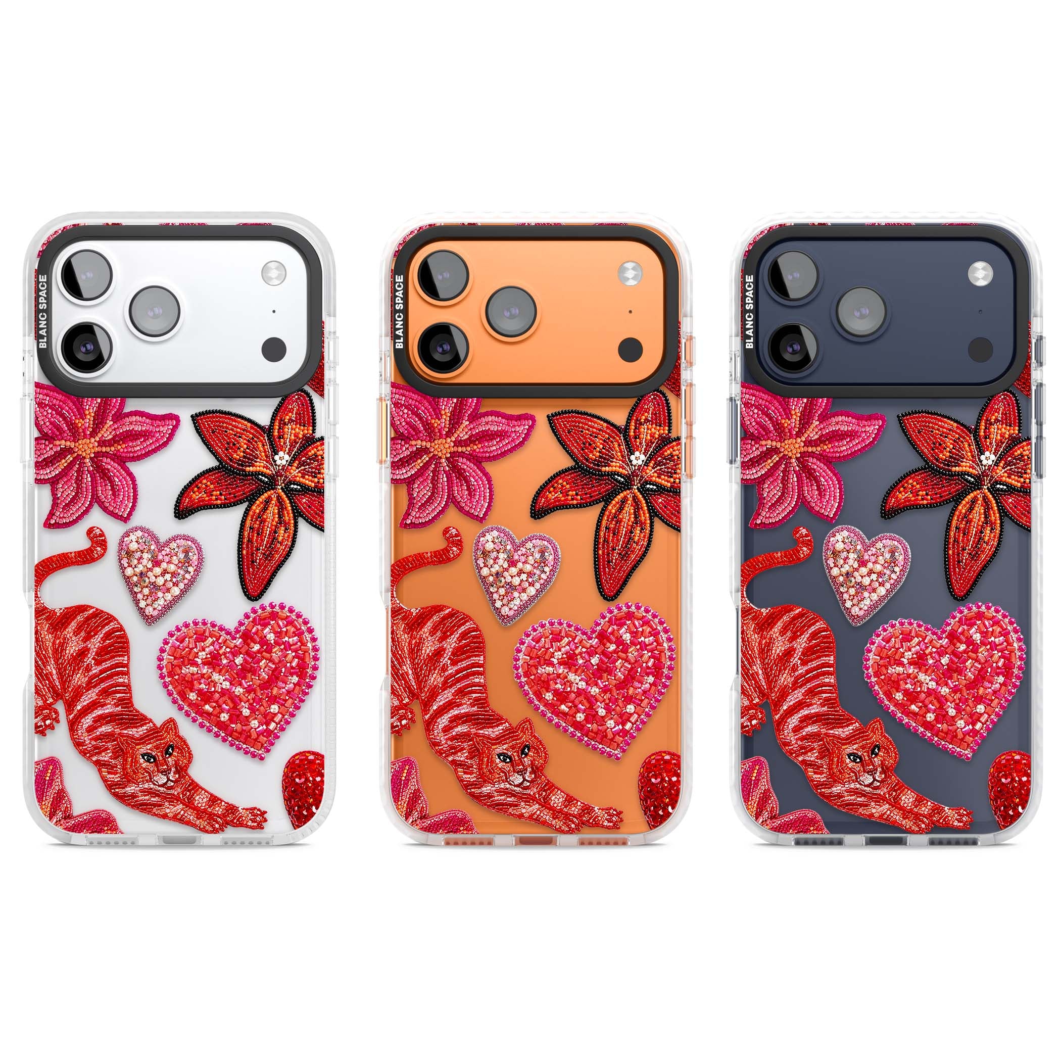Beaded Boho floral iPhone case featuring beaded red lilies, a stitched tiger, and pearl-encrusted hearts on clear | Black Impact case for iPhone 17 Pro, iPhone 17 Pro Max