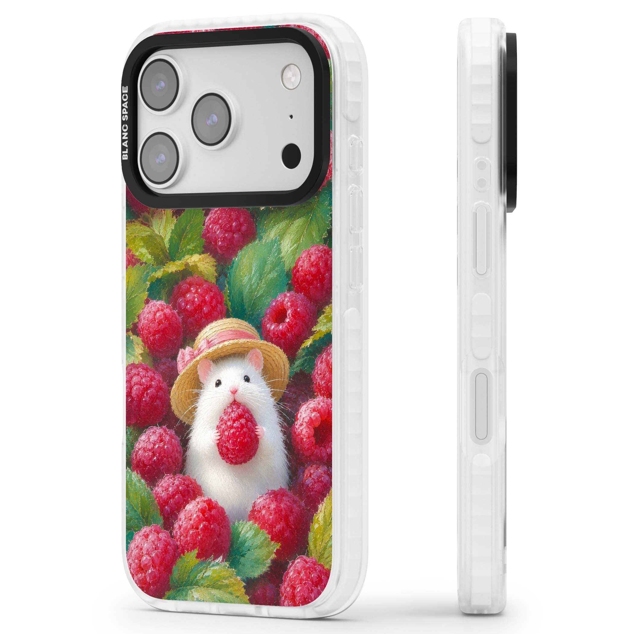 Berry Forager cottagecore iPhone case featuring a white hamster in a straw hat holding a raspberry surrounded by ripe ber | Black Impact case for iPhone 17 Pro, iPhone 17 Pro Max