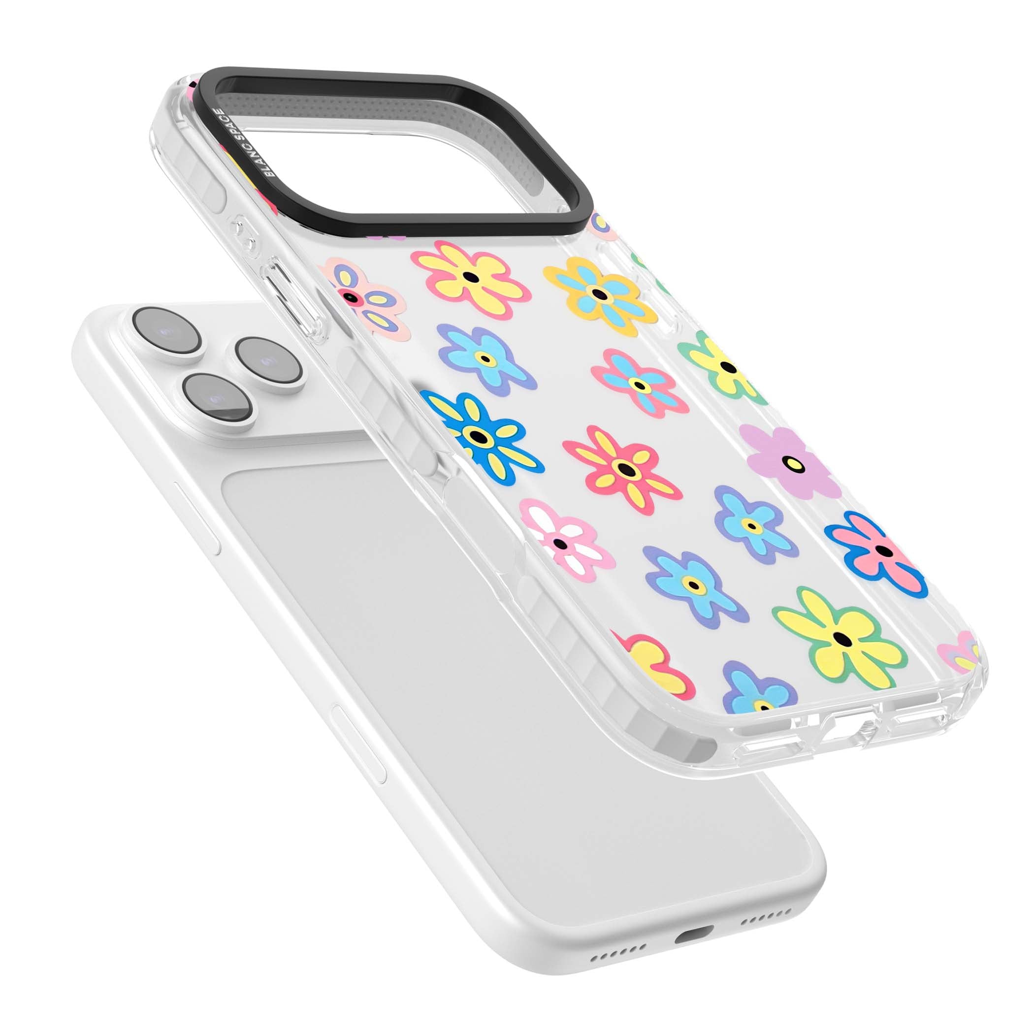 Bloom Pop cottagecore iPhone case featuring multicolor pastel flowers with black centers on clear background | Black Impact case for iPhone 17 Pro, iPhone 17 Pro Max