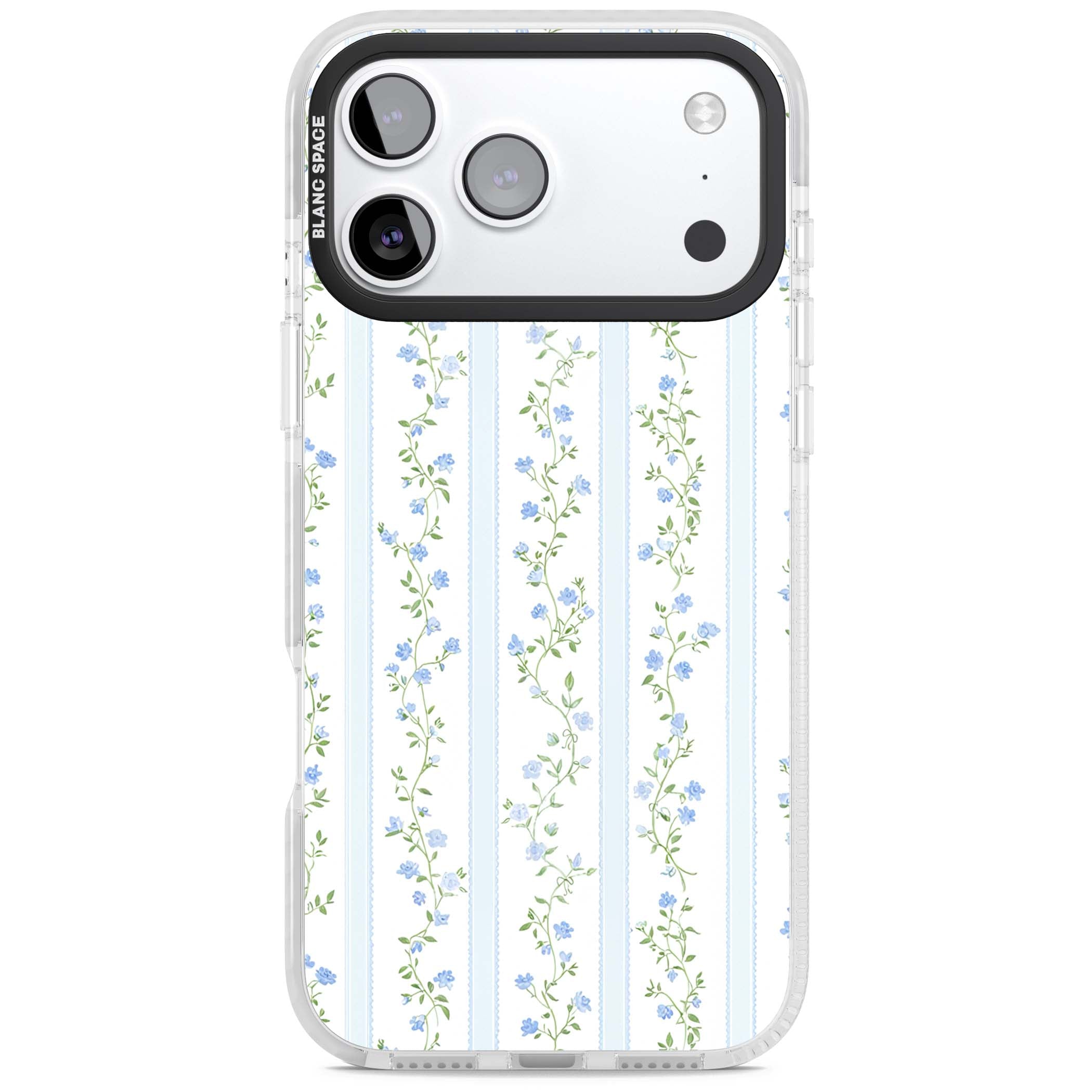 Bluebell Vine cottagecore iPhone case featuring climbing blue roses, trailing green vines, and pale ticking stripes | Black Impact case for iPhone 17 Pro, iPhone 17 Pro Max