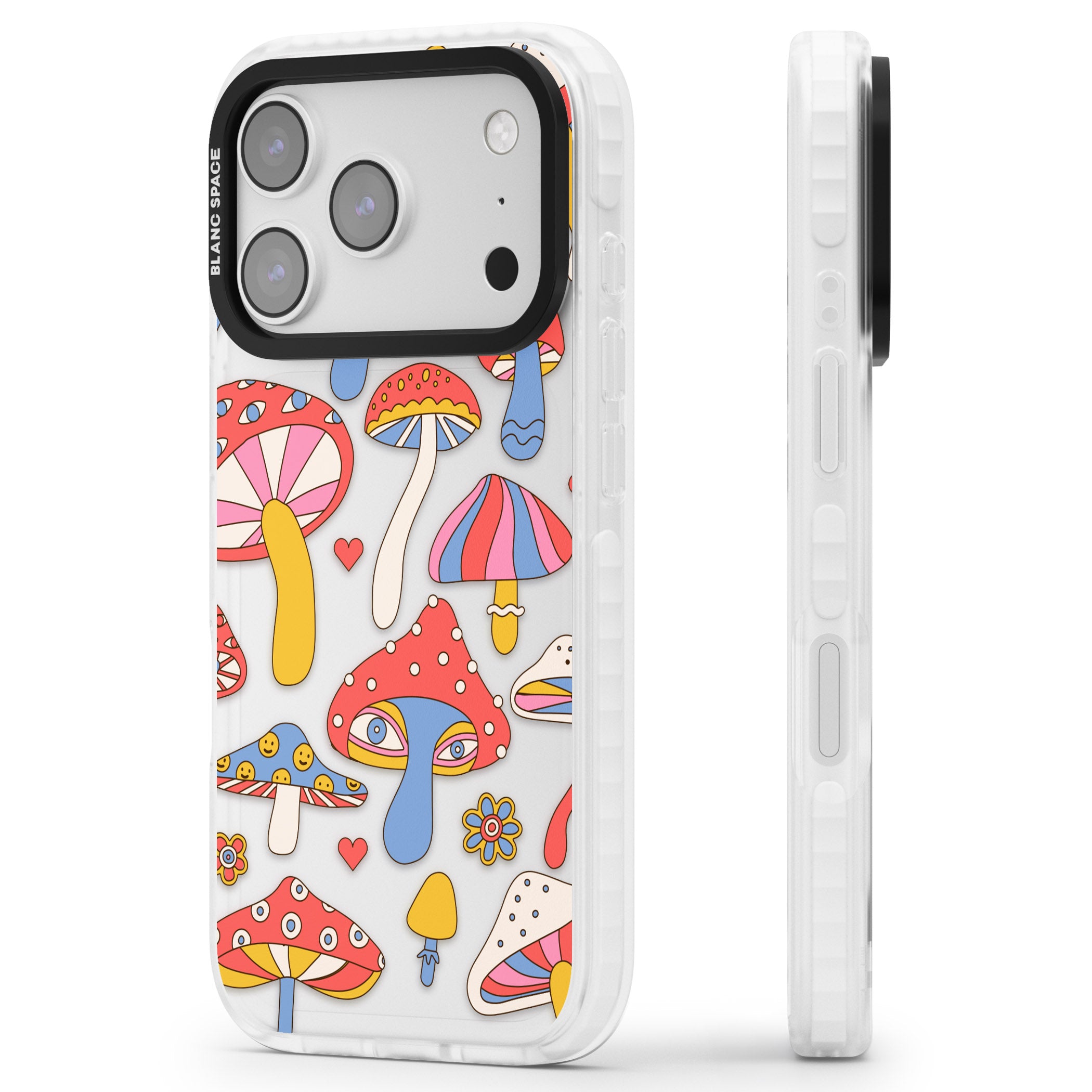 Vibrant Shrooms iPhone 17 Pro Max Impact Clear Phone Case Side Profile