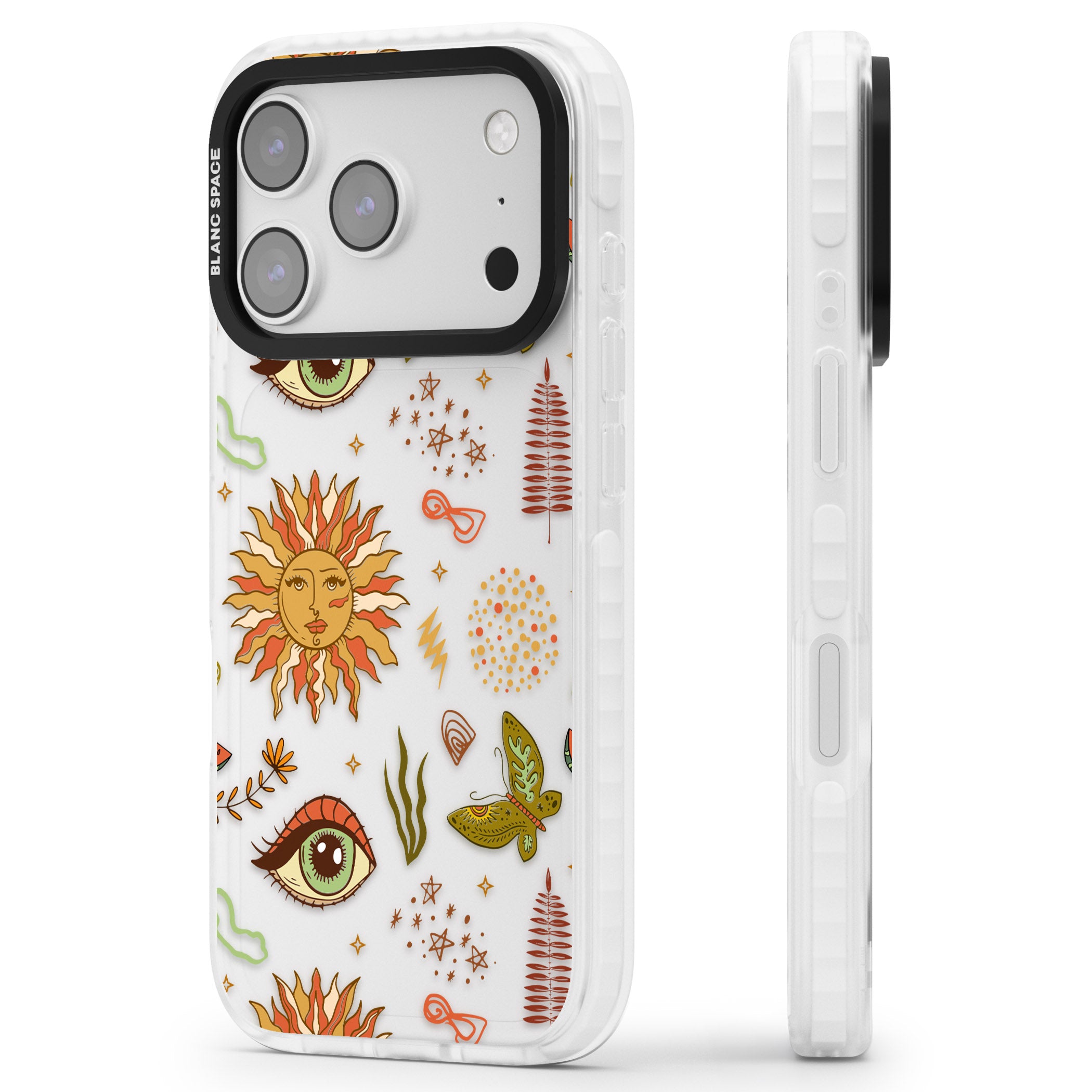 Boho Celestial Sun & Eye Pattern iPhone 17 Pro Max Impact Clear Phone Case Side Profile