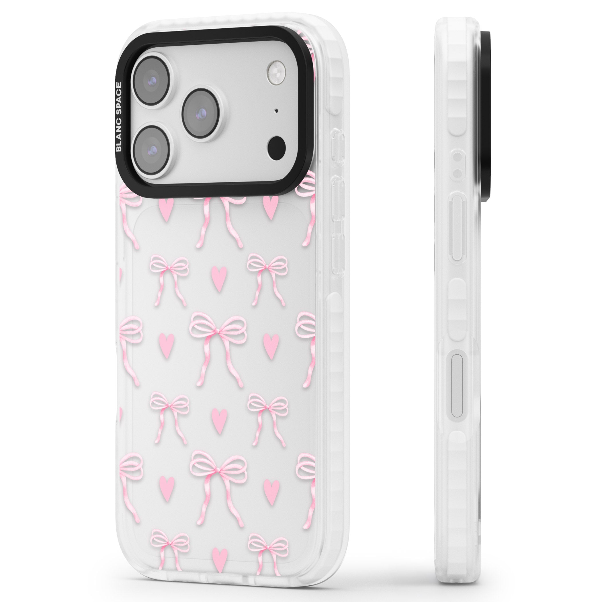 Pink Bows & Hearts iPhone 17 Pro Max Impact Clear Phone Case Side Profile