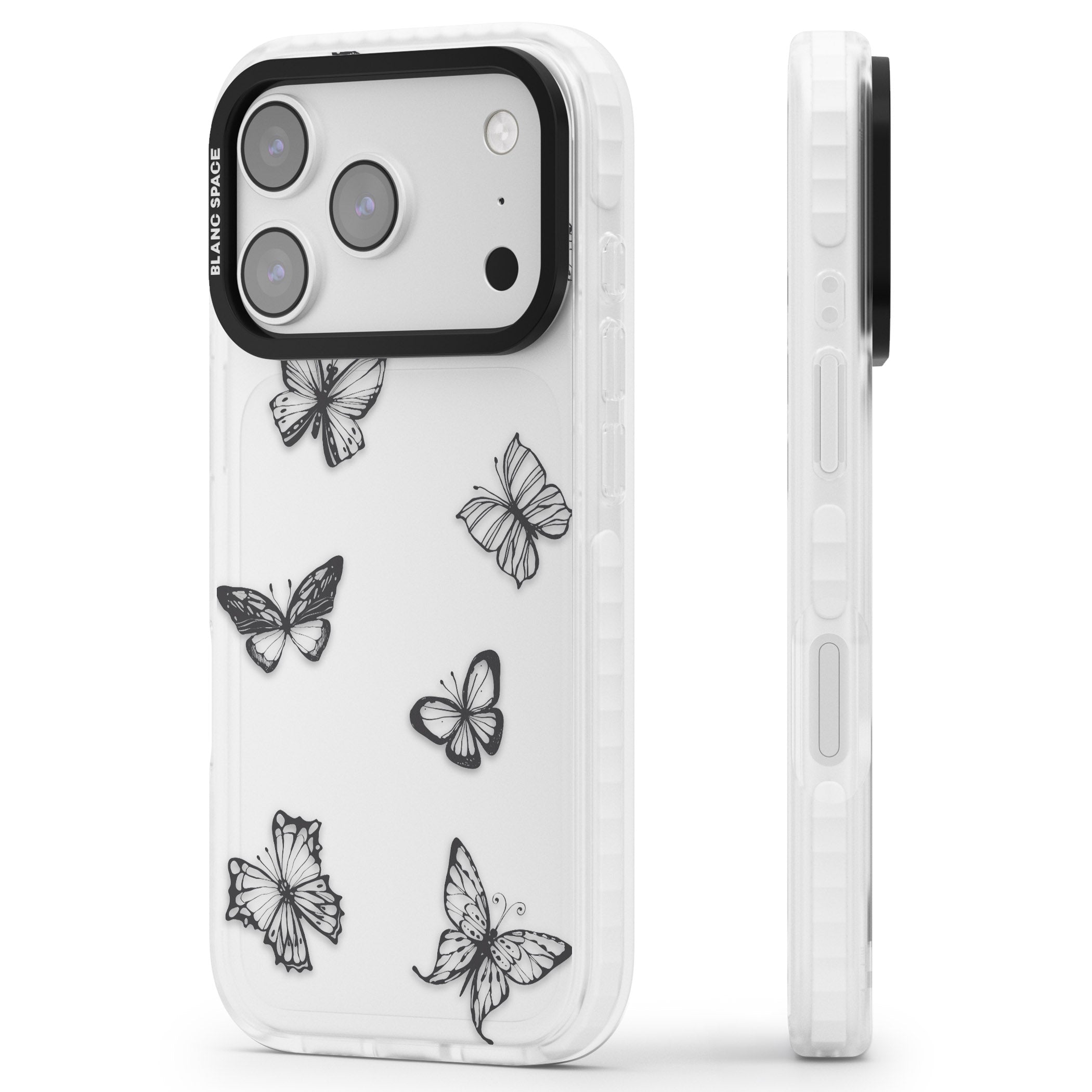 Grey Butterfly Line Pattern iPhone 17 Pro Max Impact Clear Phone Case Side Profile