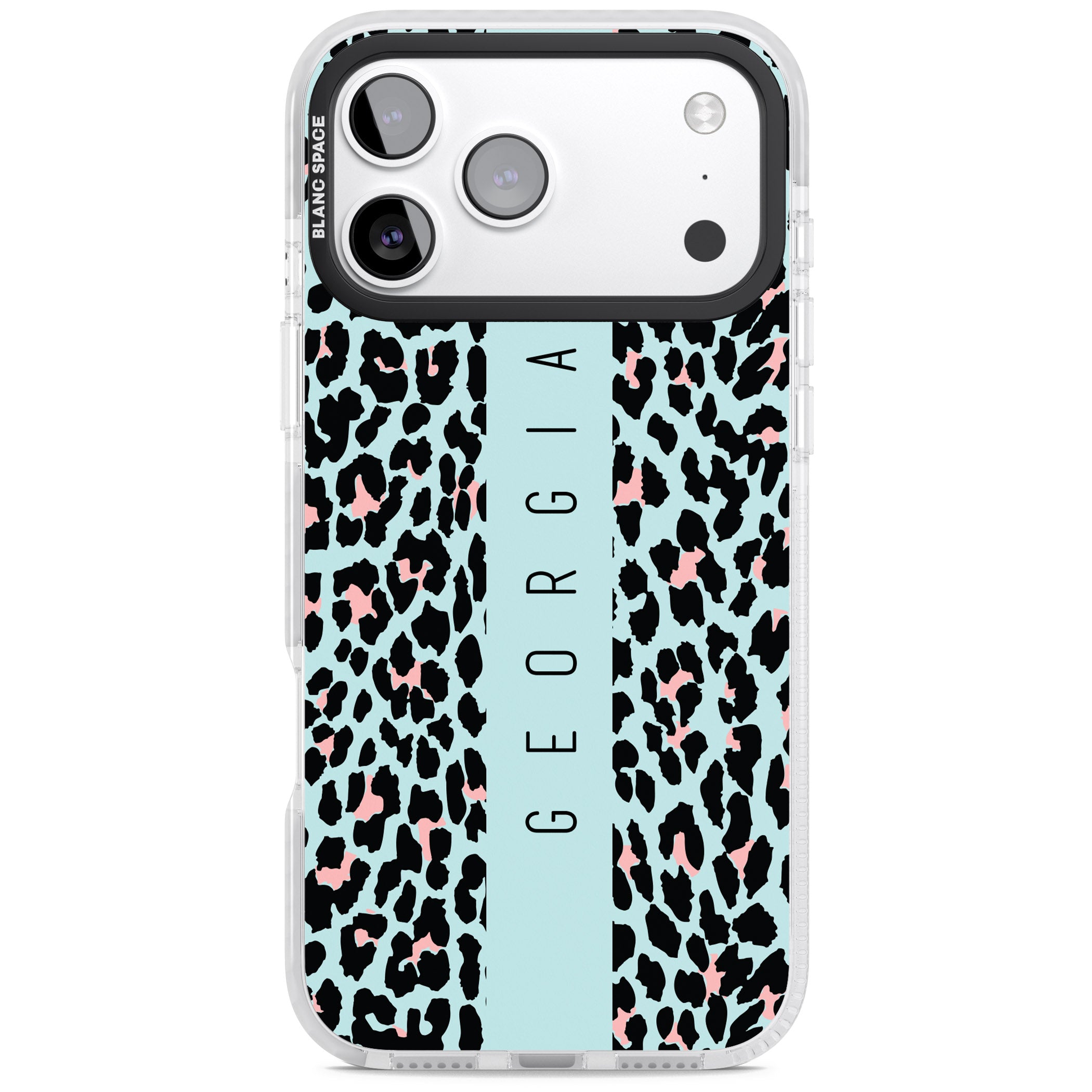 Personalised Blue Leopard iPhone 17 Pro Max Impact Clear Phone Case