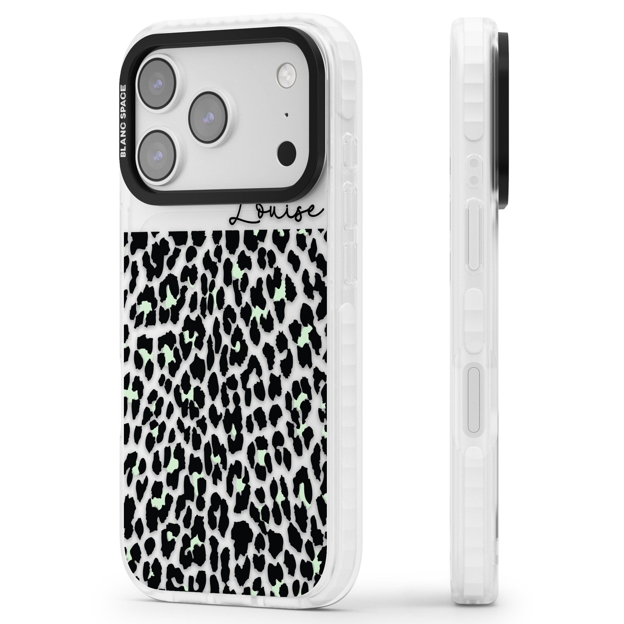 Personalised Seafoam Leopard iPhone 17 Pro Max Impact Clear Phone Case Side Profile