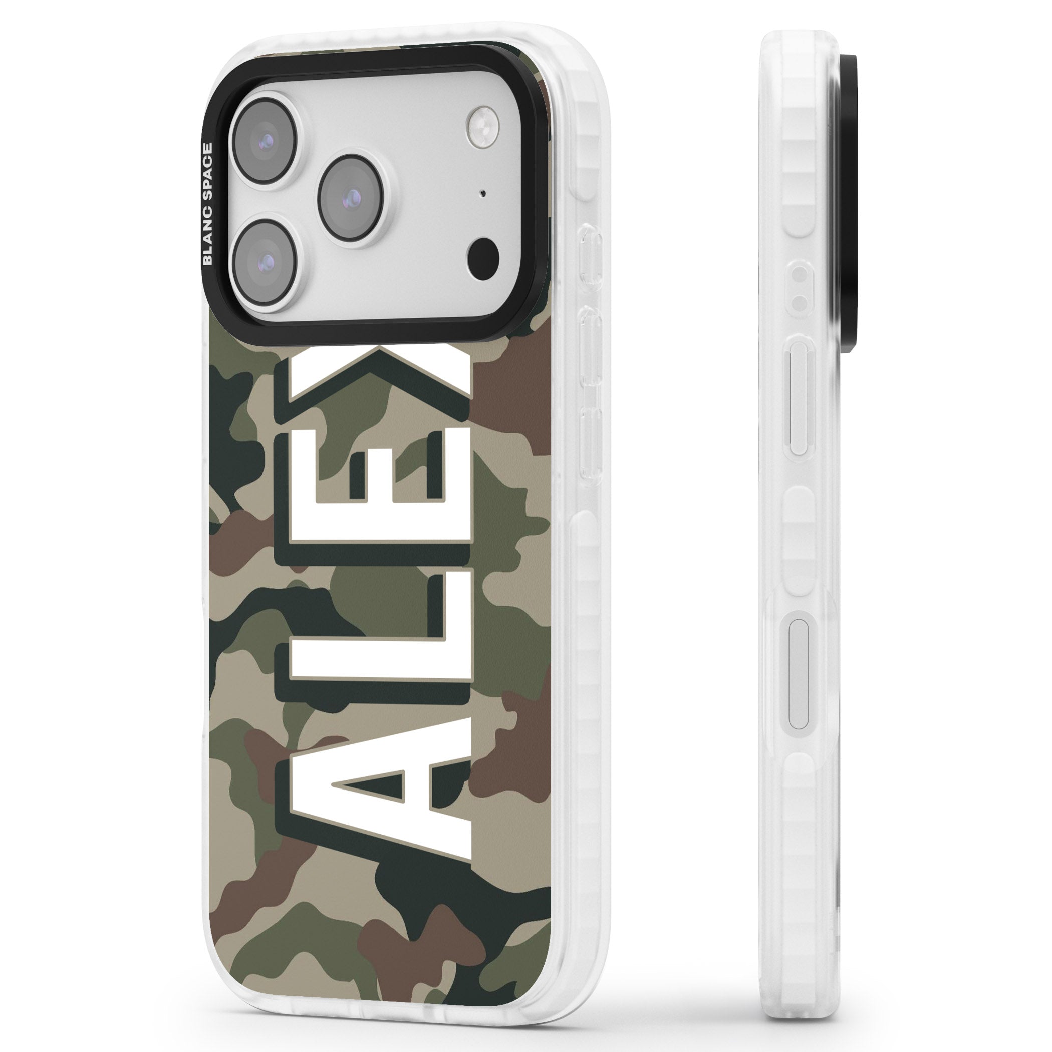Personalised Classic Green Camo iPhone 17 Pro Max Impact Clear Phone Case Side Profile