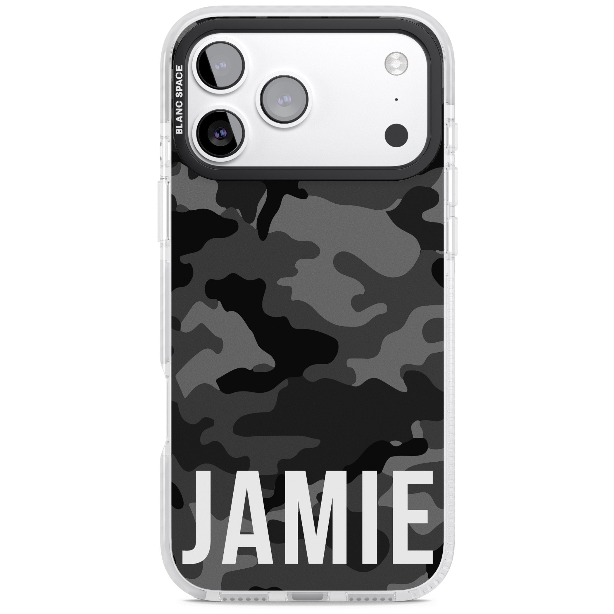 Personalised Black Camo Name Horizontal iPhone 17 Pro Max Impact Clear Phone Case
