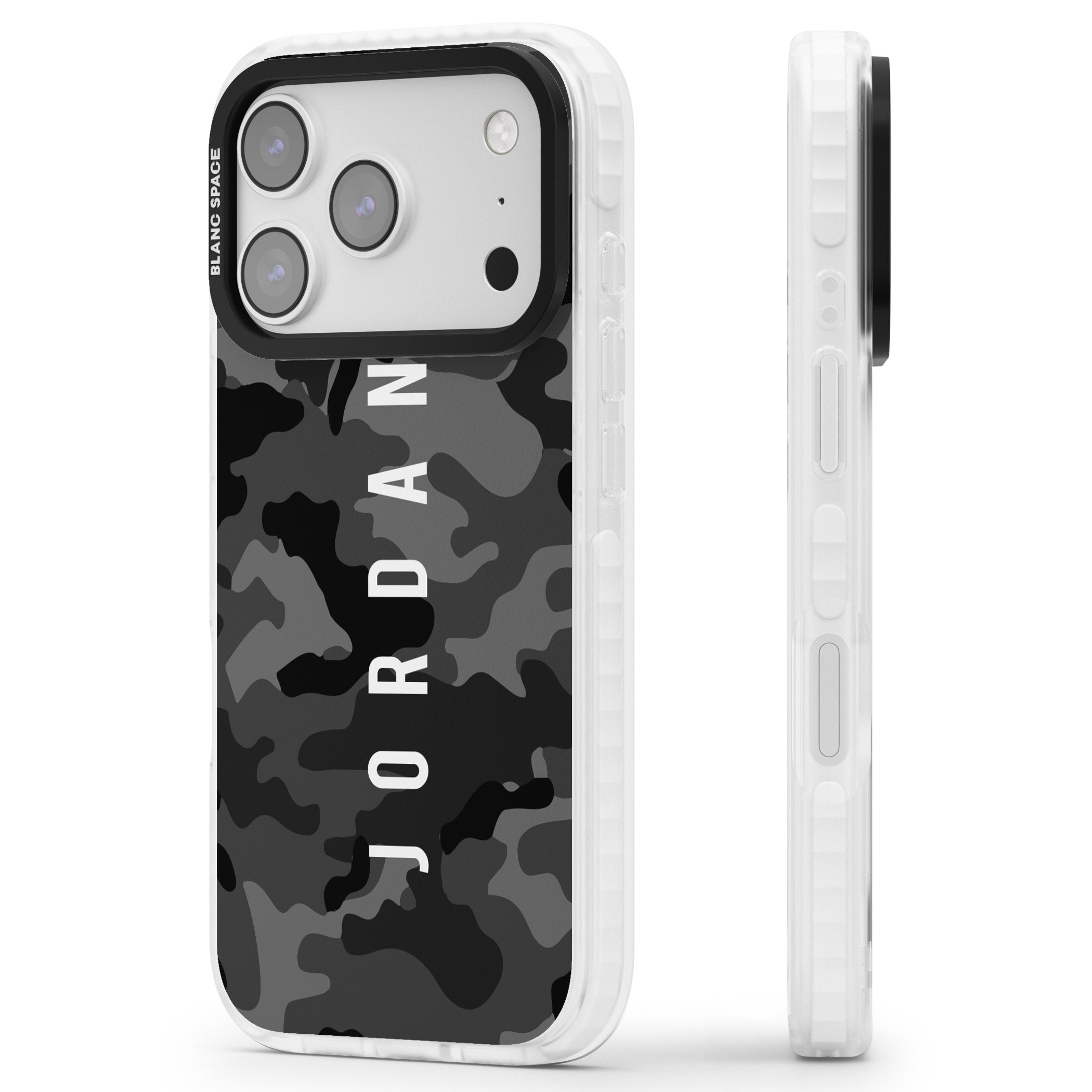 Personalised Black Camouflage Name iPhone 17 Pro Max Impact Clear Phone Case Side Profile