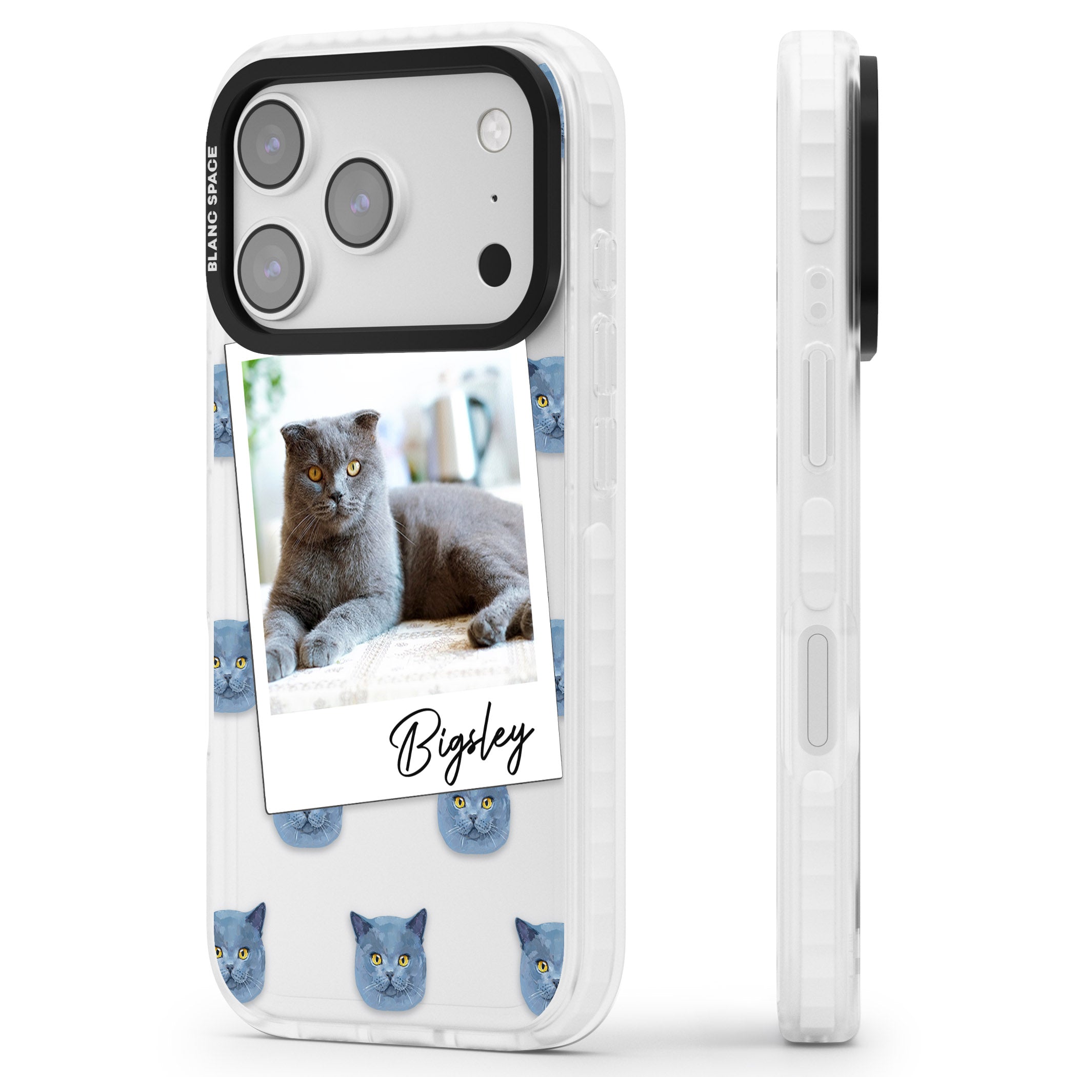 Personalised English Blue Cat Photo iPhone 17 Pro Max Impact Clear Phone Case Side Profile