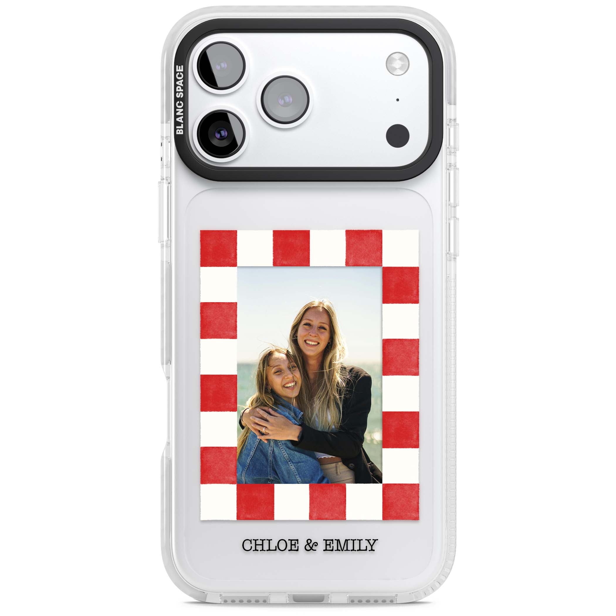 Red Check Photo personalised photo iPhone case with red and white checkered polaroid frame and custom couple name | Black Impact case for iPhone 17 Pro, iPhone 17 Pro Max
