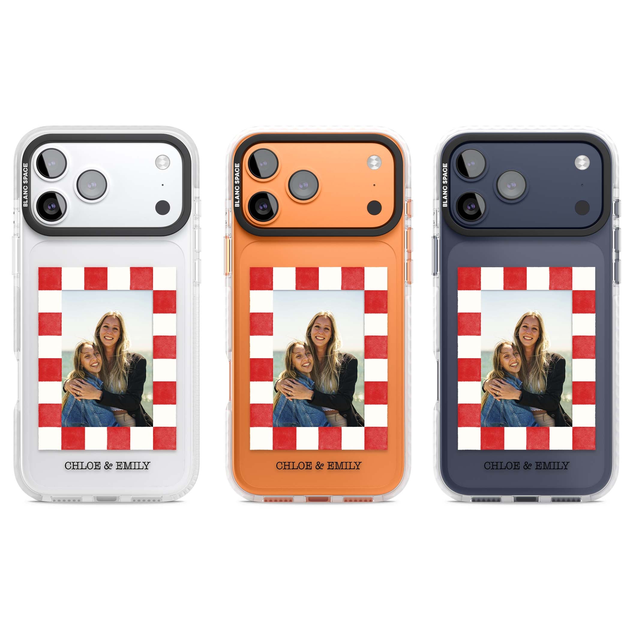 Red Check Photo personalised photo iPhone case with red and white checkered polaroid frame and custom couple name | Black Impact case for iPhone 17 Pro, iPhone 17 Pro Max