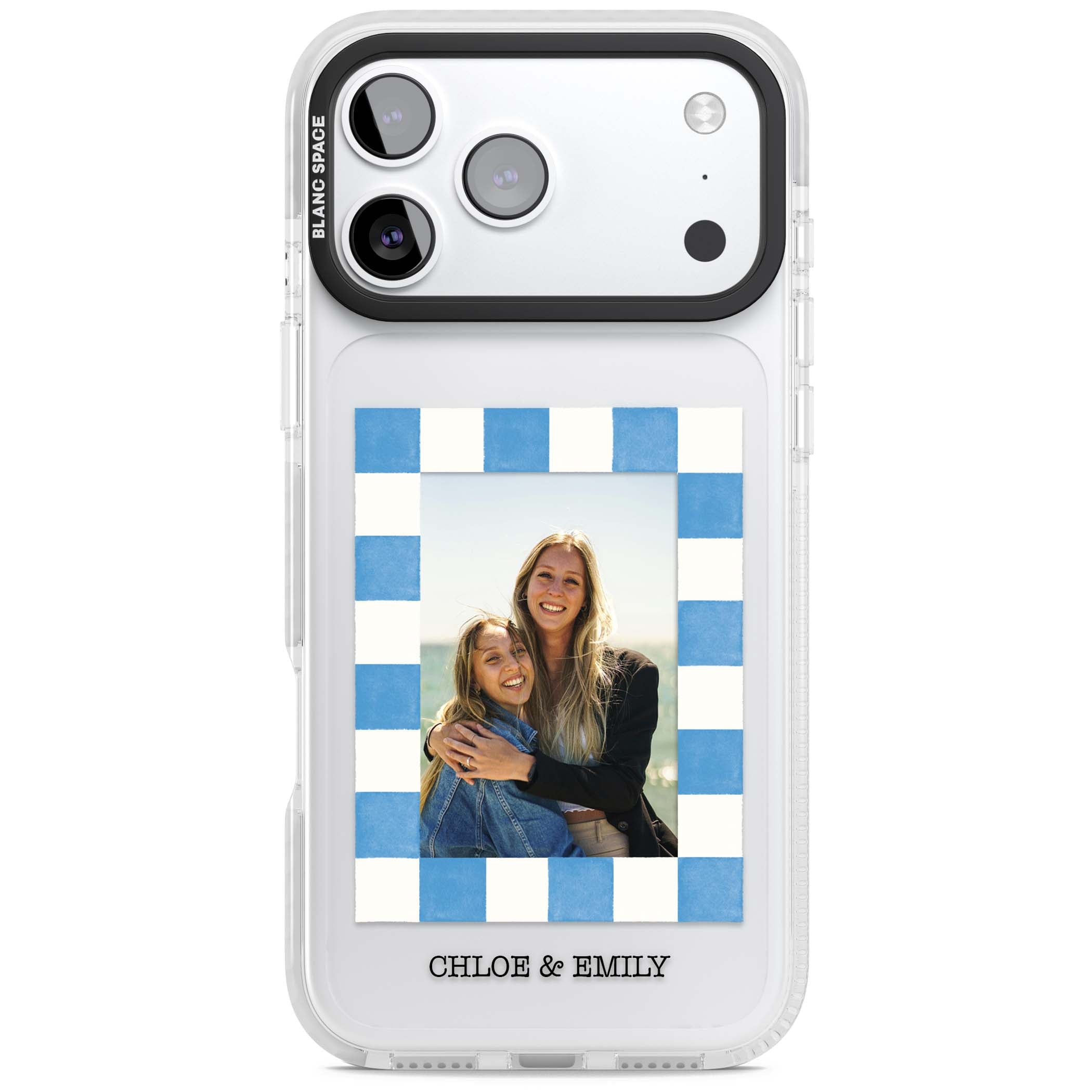 Blue Check Photo personalised photo iPhone case with blue checkered frame and custom couple names | Black Impact case for iPhone 17 Pro, iPhone 17 Pro Max