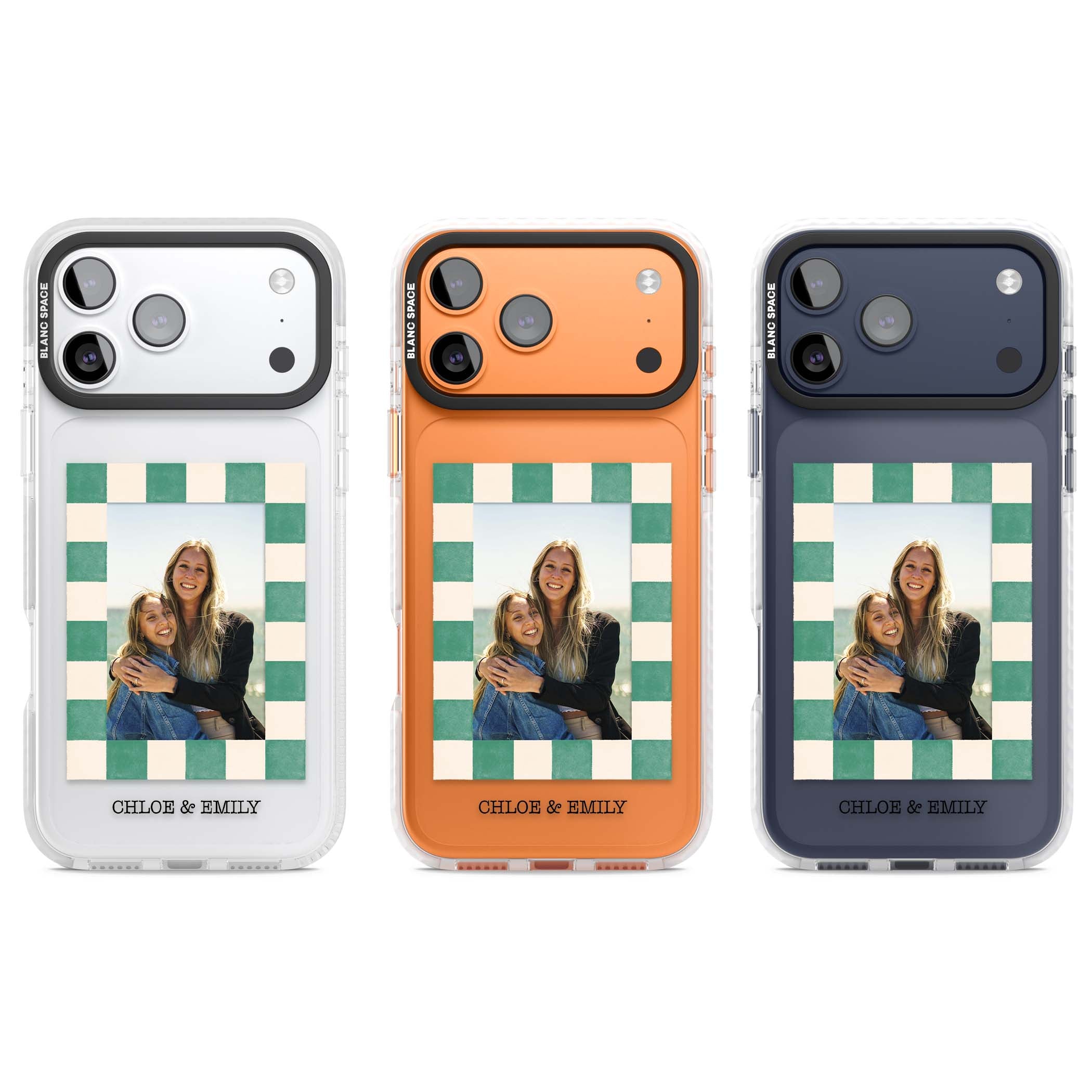 Seafoam Check Photo personalised iPhone case featuring a custom polaroid photo, green and cream checkered frame, and custom n | Black Impact case for iPhone 17 Pro, iPhone 17 Pro Max