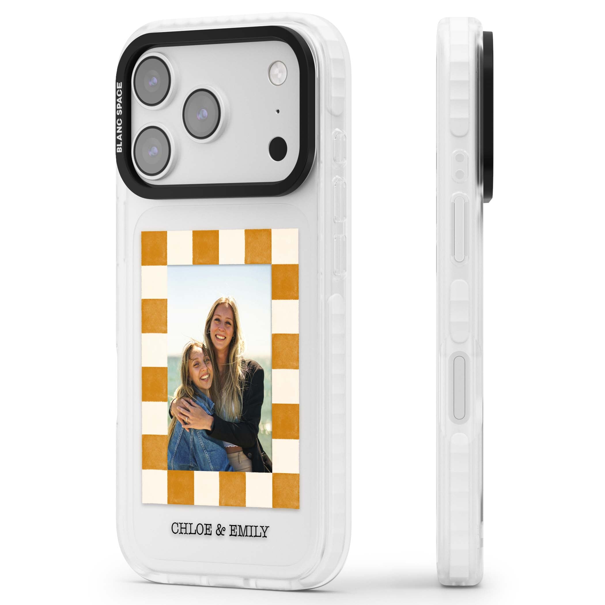 Citrus Check Photo personalised iPhone case with custom photo, orange checkered frame and names underneath | Black Impact case for iPhone 17 Pro, iPhone 17 Pro Max