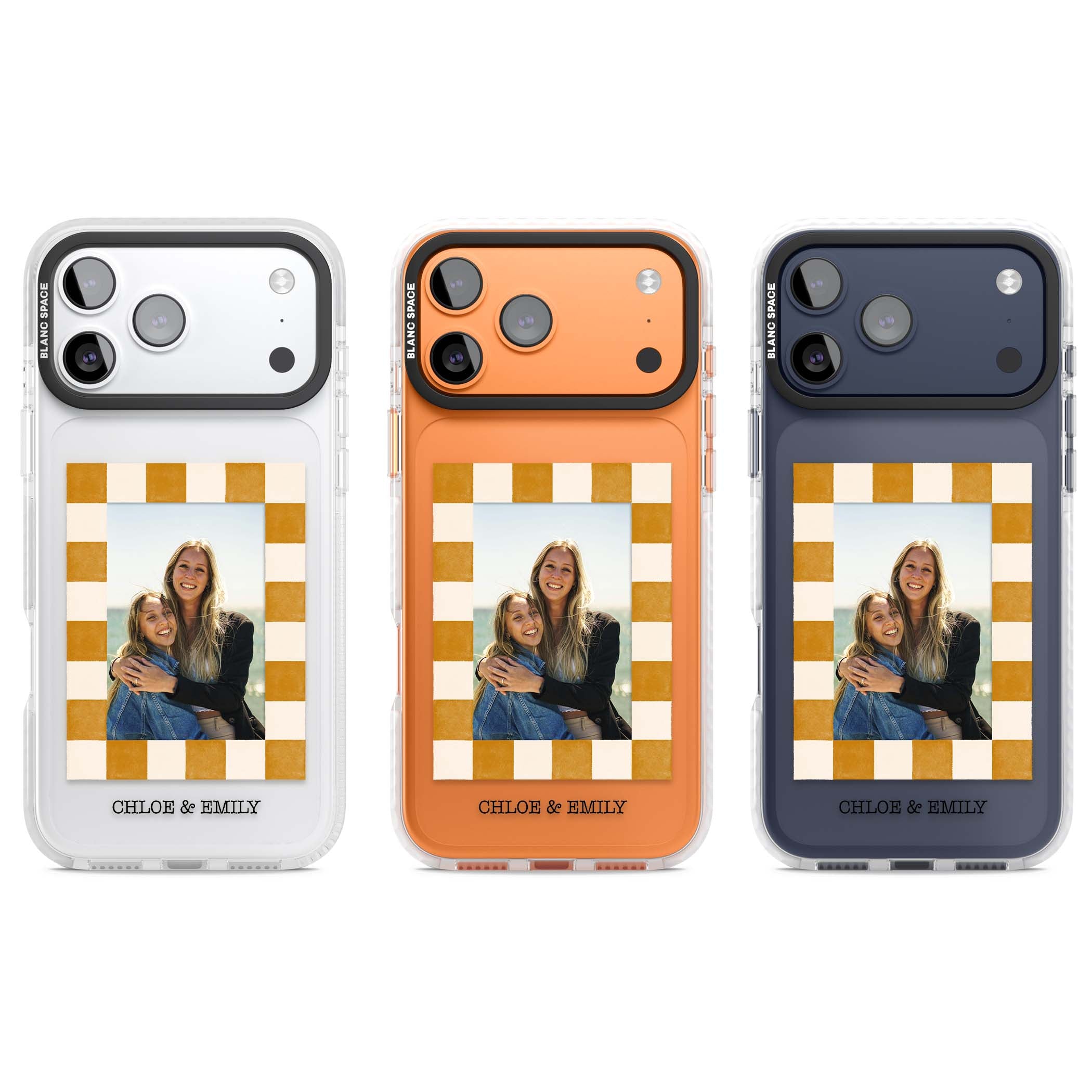 Citrus Check Photo personalised iPhone case with custom photo, orange checkered frame and names underneath | Black Impact case for iPhone 17 Pro, iPhone 17 Pro Max
