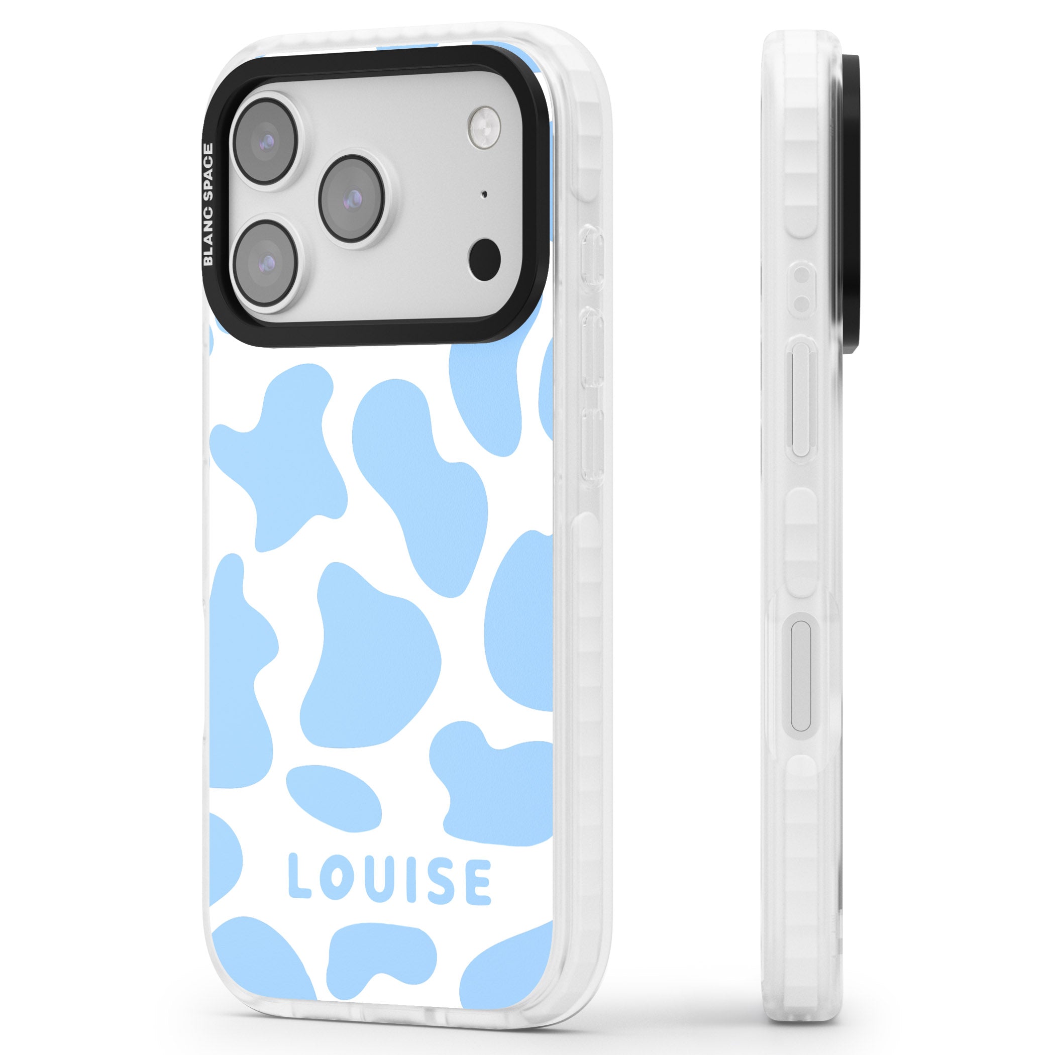 Personalised Blue And White Cow Print iPhone 17 Pro Impact Clear Phone Case Side Profile