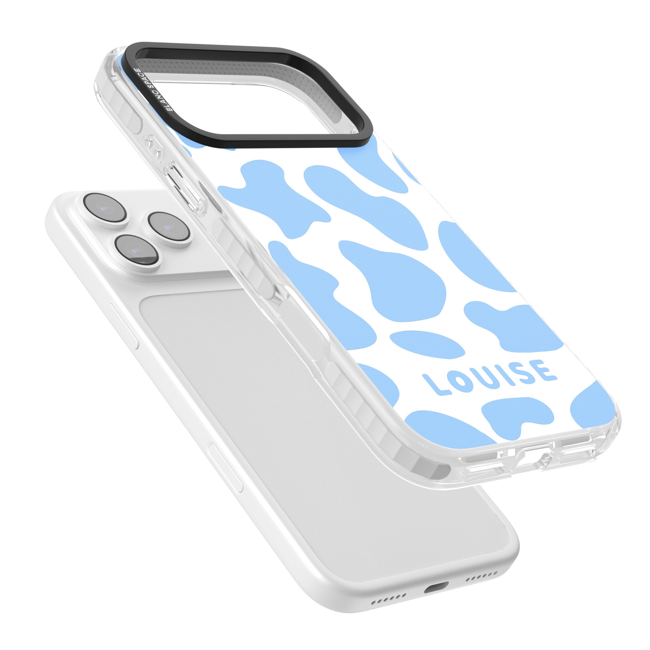 Personalised Blue And White Cow Print iPhone 17 Pro Impact Clear Phone Case Colours