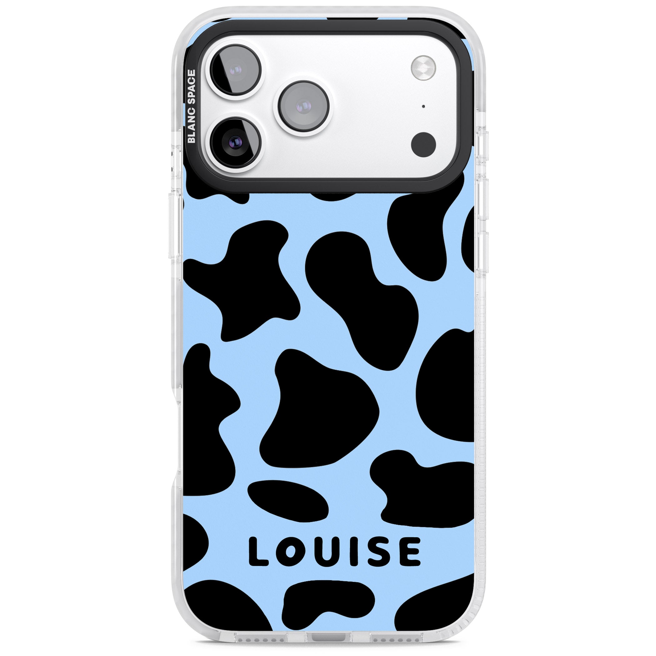 Personalised Blue And Black Cow Print iPhone 17 Pro Max Impact Clear Phone Case