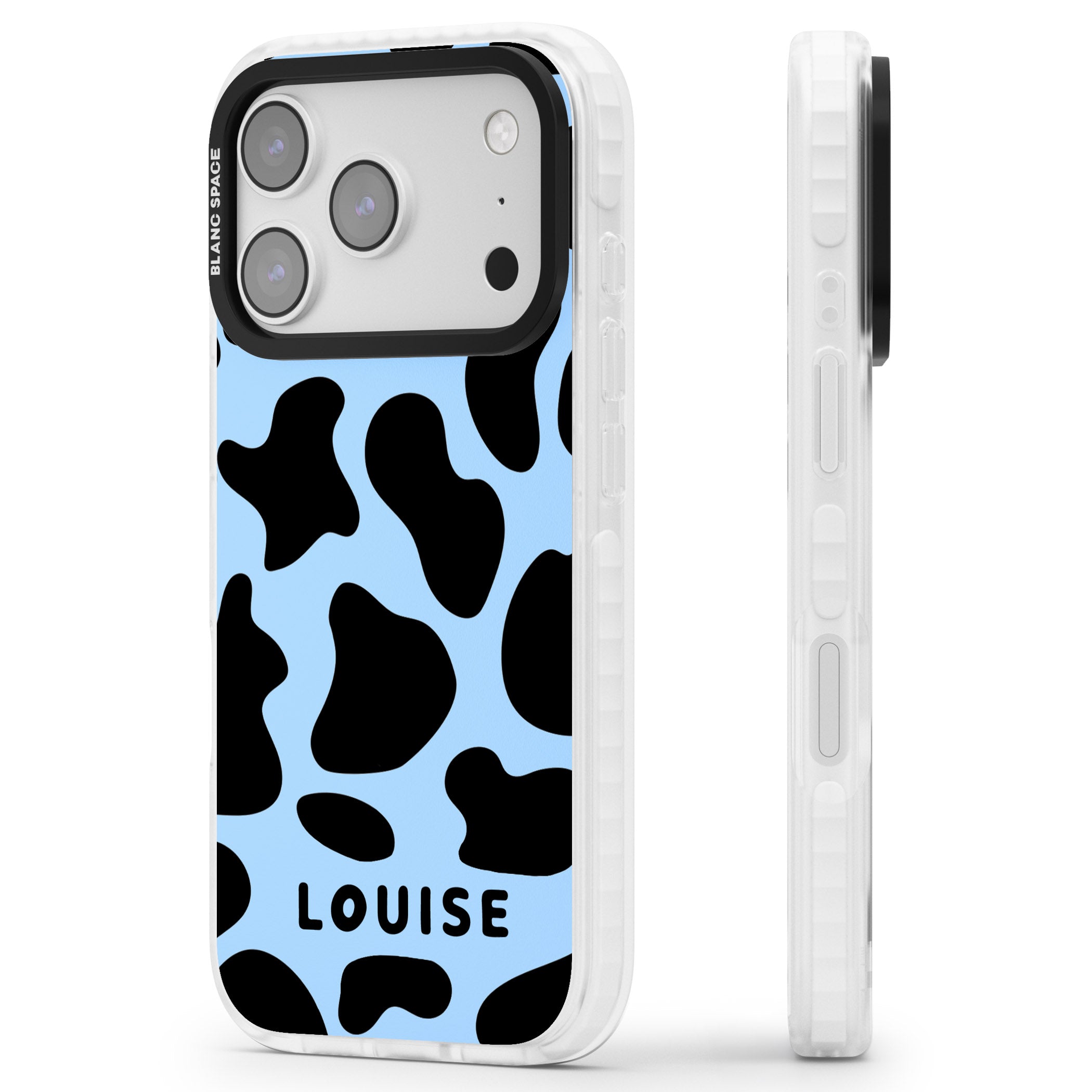Personalised Blue And Black Cow Print iPhone 17 Pro Max Impact Clear Phone Case Side Profile