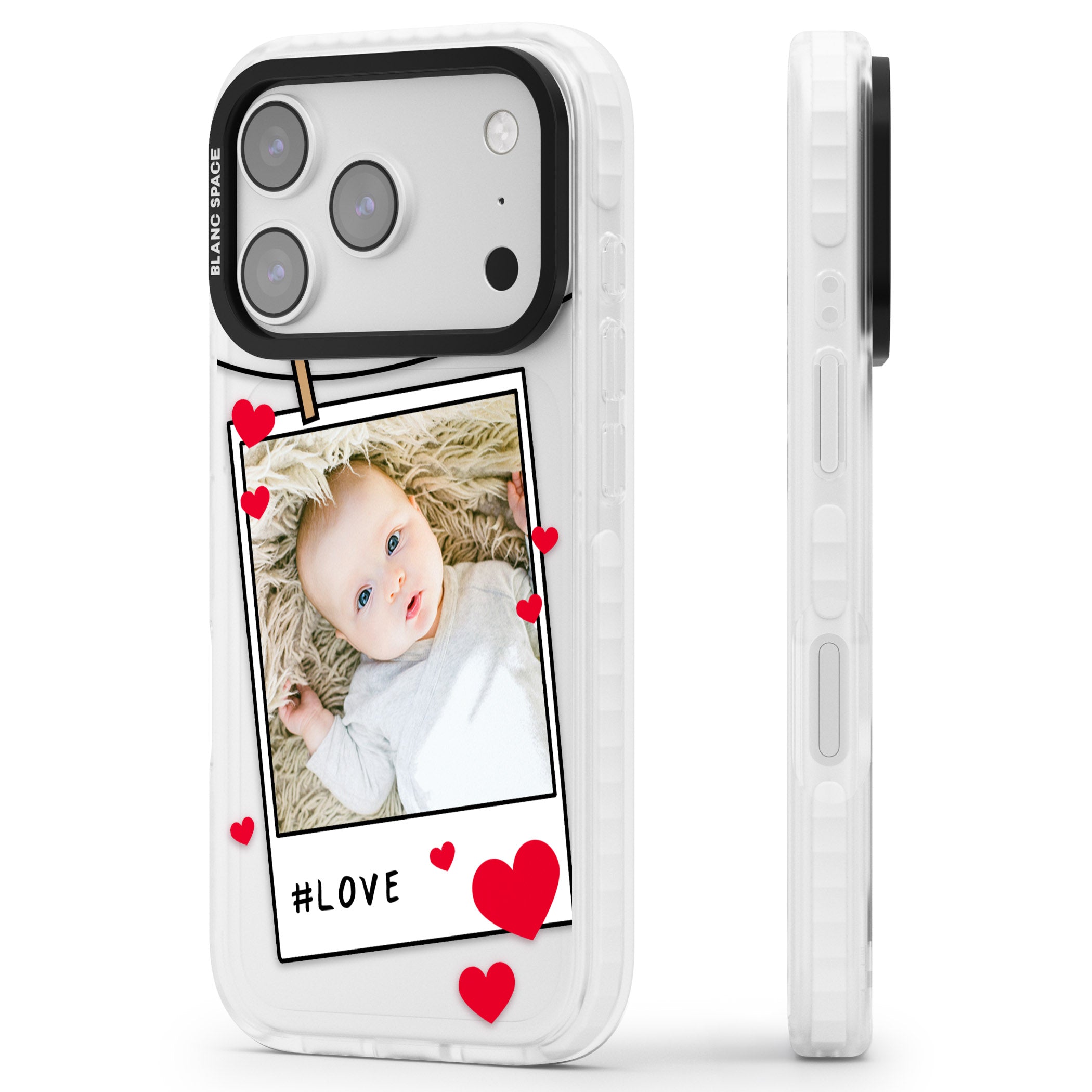 Personalised Paperclip & Hearts Instant Camera Photo iPhone 17 Pro Max Impact Clear Phone Case Side Profile