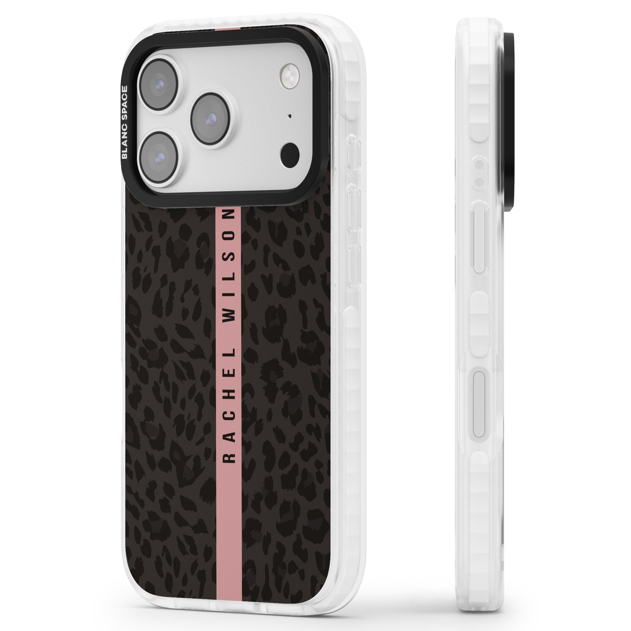 Personalised Pink Stripe Leopard iPhone 17 Pro Max Impact Clear Phone Case Side Profile