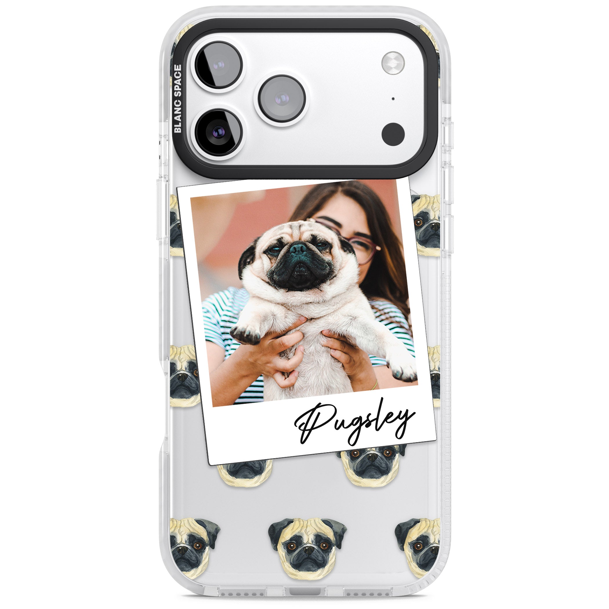 Personalised Pug Instant Camera Photo iPhone 17 Pro Max Impact Clear Phone Case
