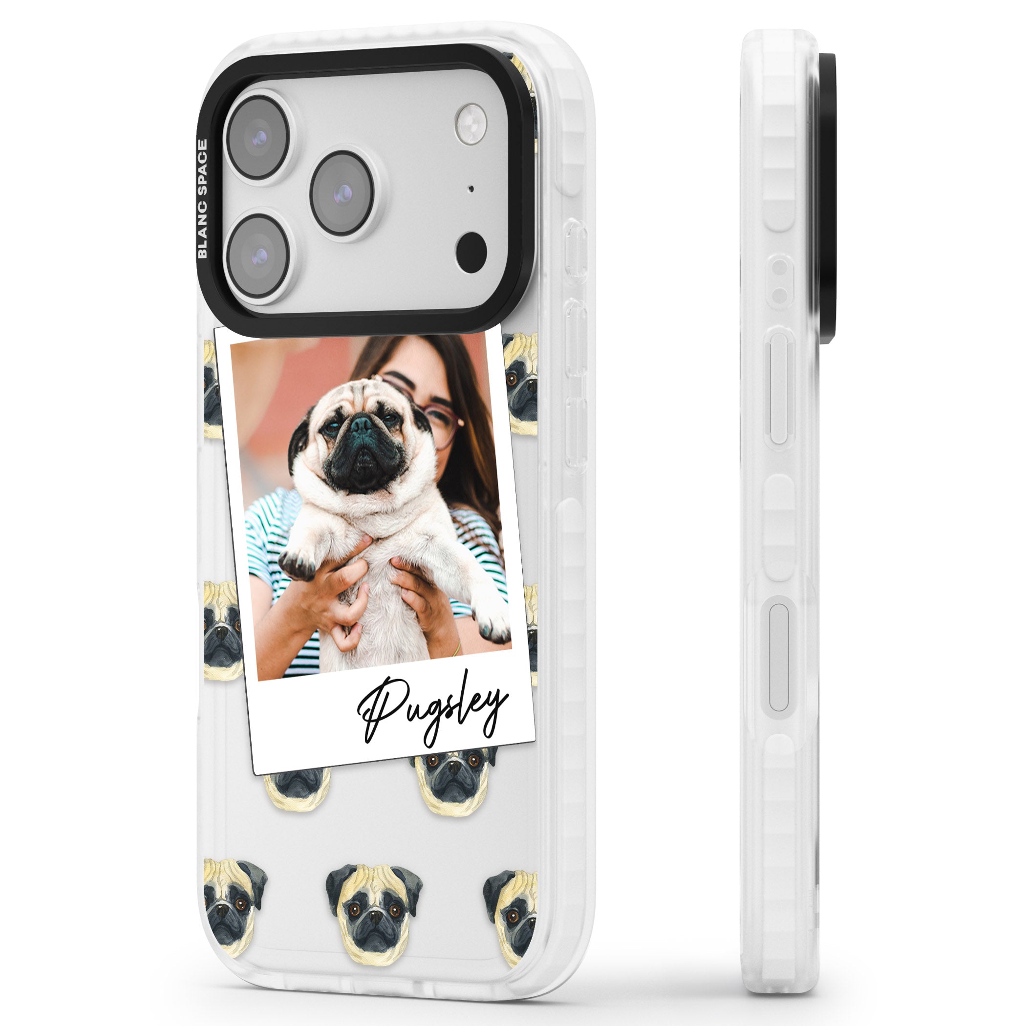 Personalised Pug Instant Camera Photo iPhone 17 Pro Max Impact Clear Phone Case Side Profile