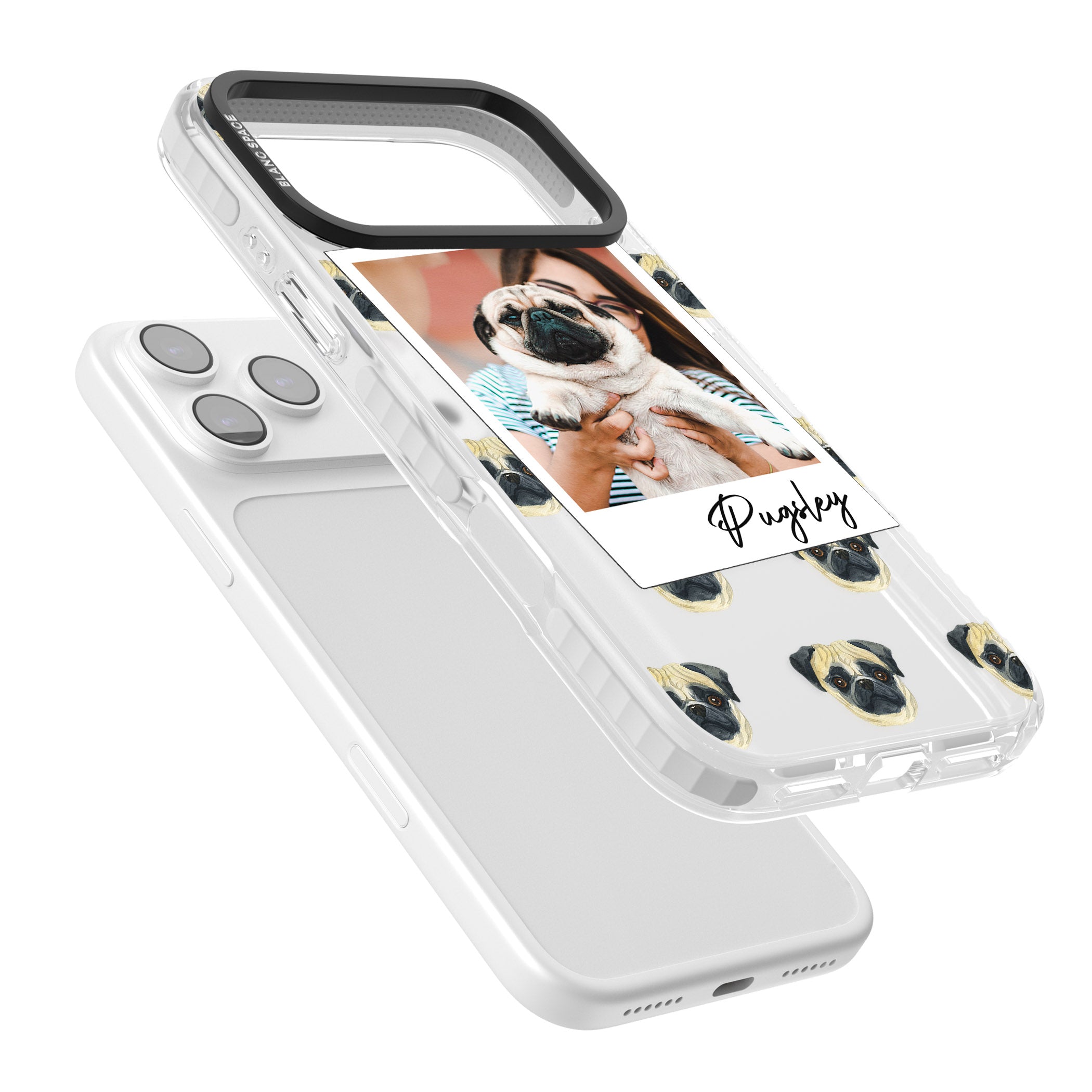 Personalised Pug Instant Camera Photo iPhone 17 Pro Max Impact Clear Phone Case Colours