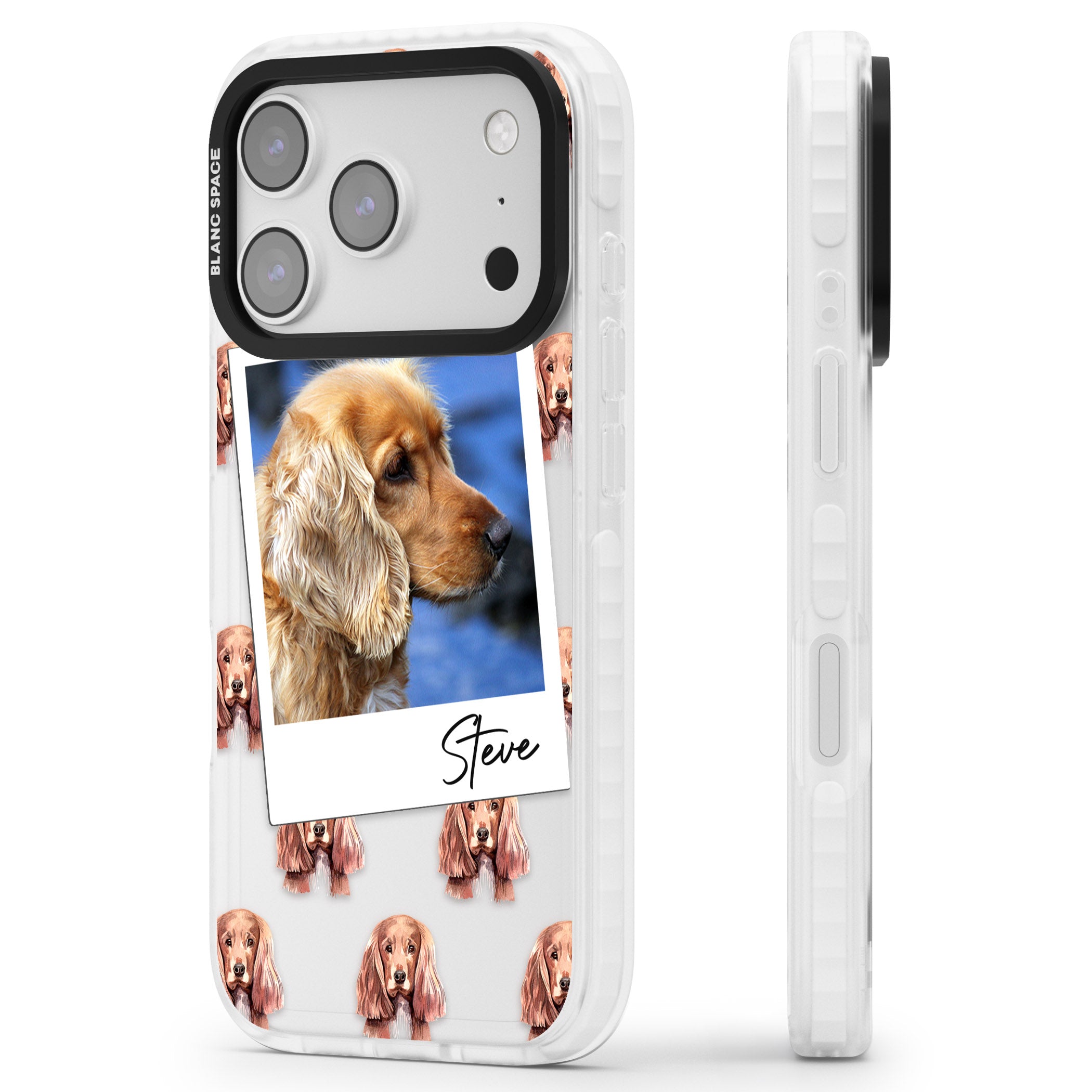 Personalised Cocker Spaniel Instant Camera Photo iPhone 17 Pro Max Impact Clear Phone Case Side Profile