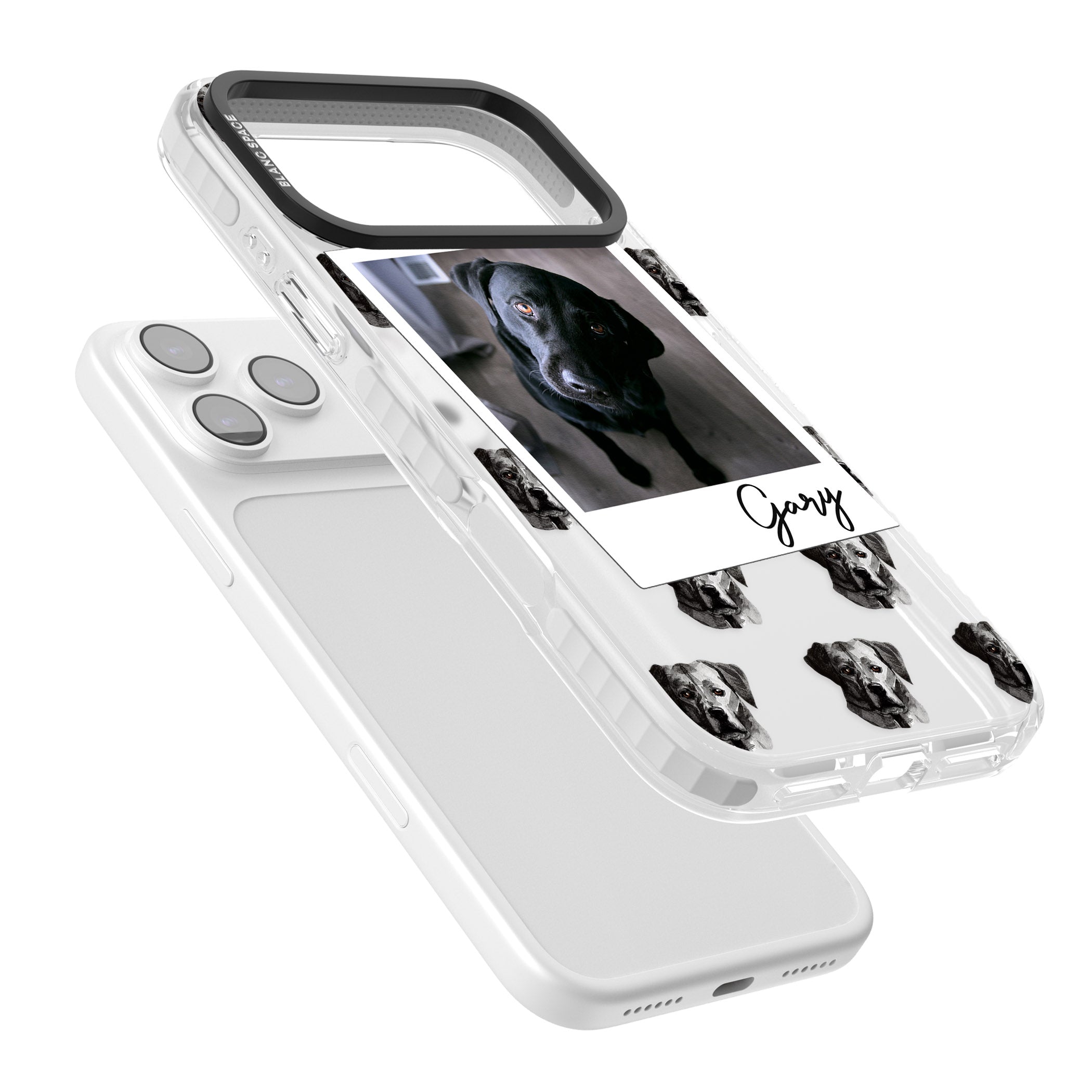 Personalised Black Labrador Instant Camera Photo iPhone 17 Pro Max Impact Clear Phone Case Colours
