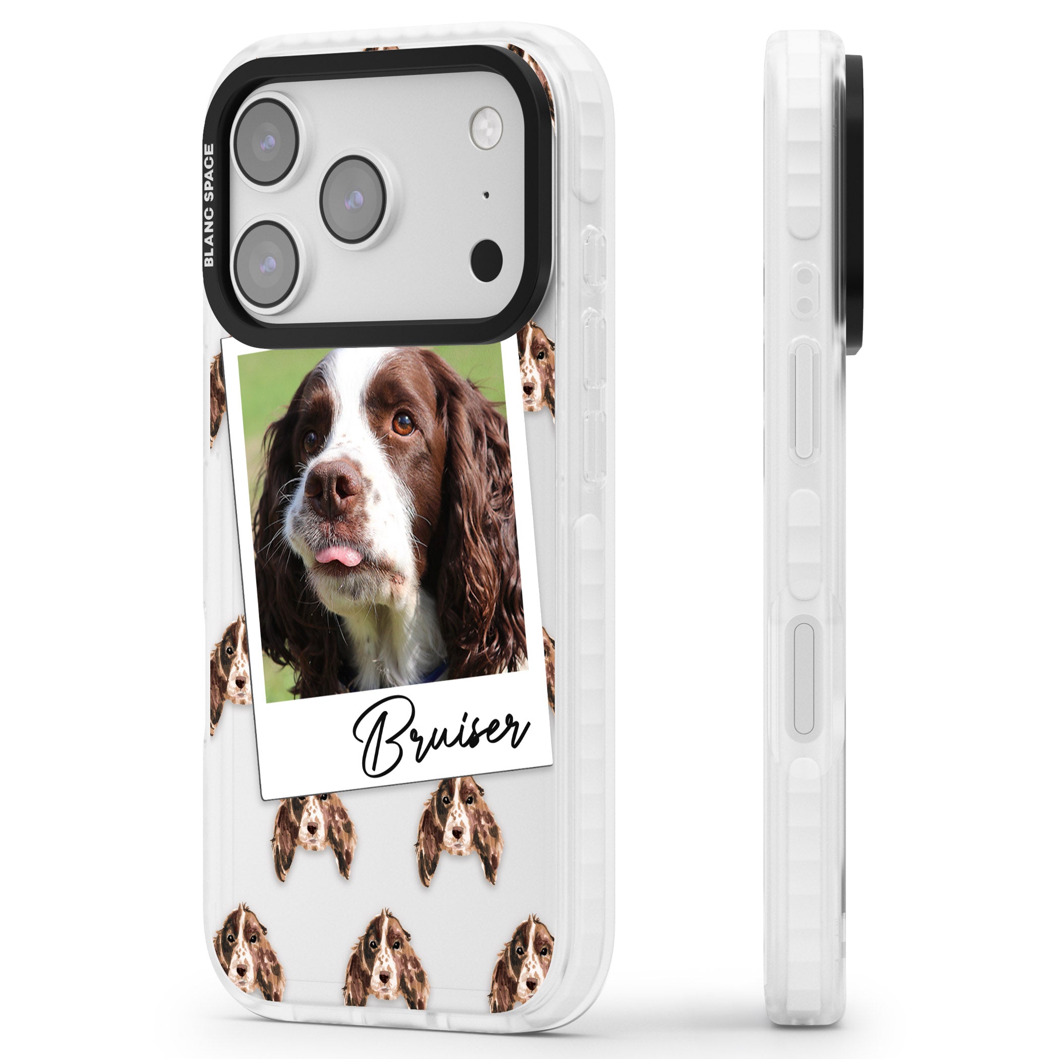 Personalised Springer Spaniel Instant Camera Photo iPhone 17 Pro Max Impact Clear Phone Case Side Profile