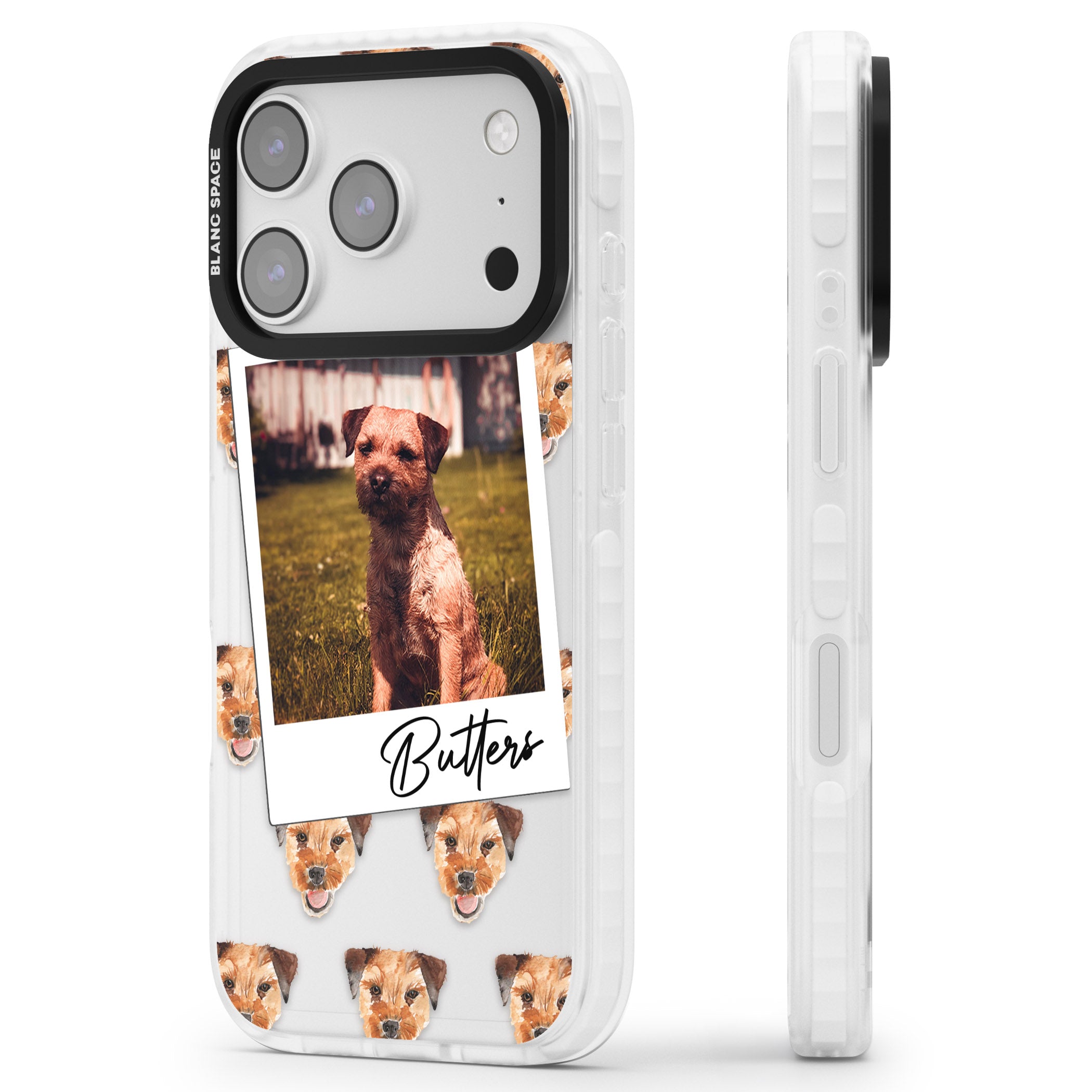 Personalised Border Terrier Instant Camera Photo iPhone 17 Pro Max Impact Clear Phone Case Side Profile