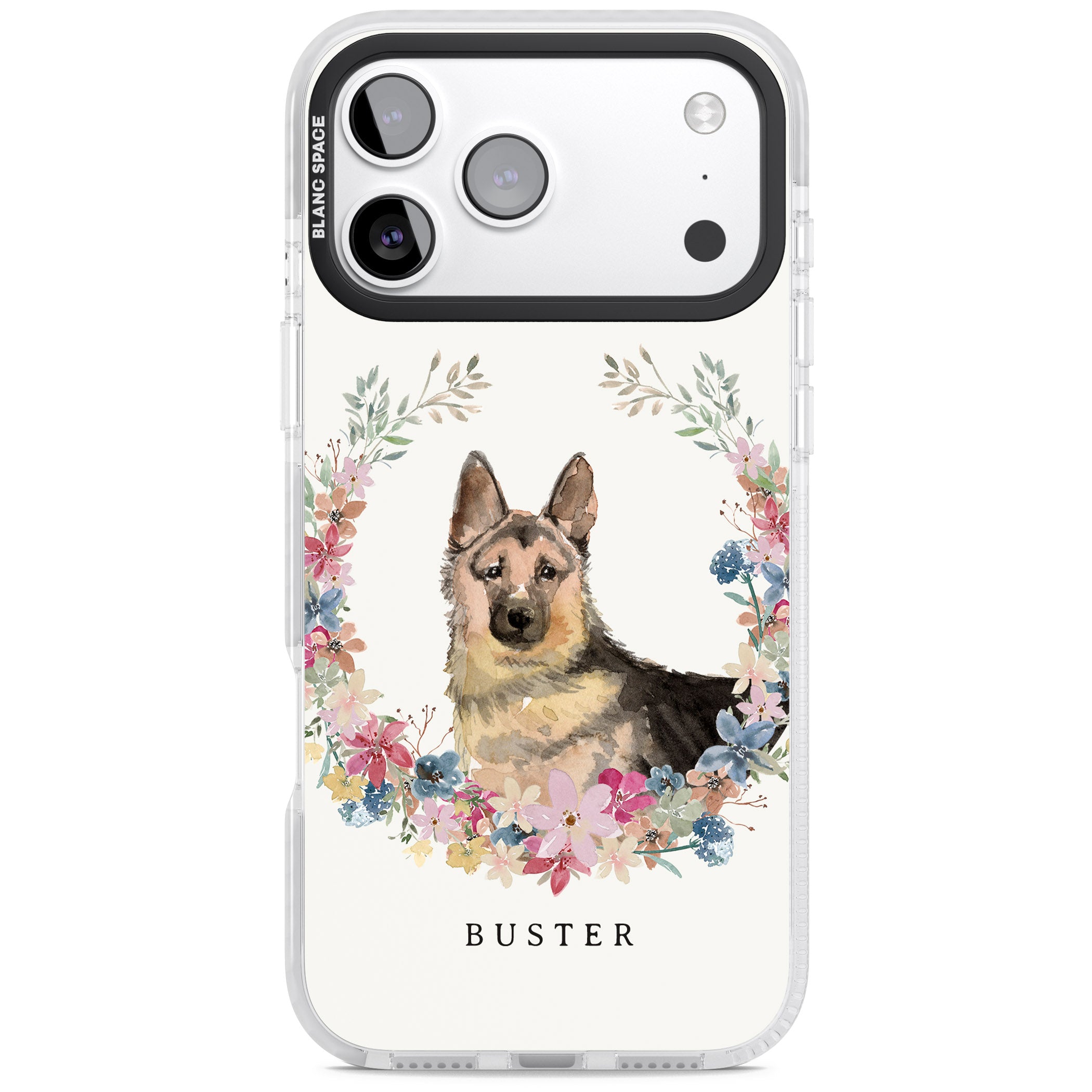 Personalised German Shepherd Floral Portrait iPhone 17 Pro Max Impact Clear Phone Case