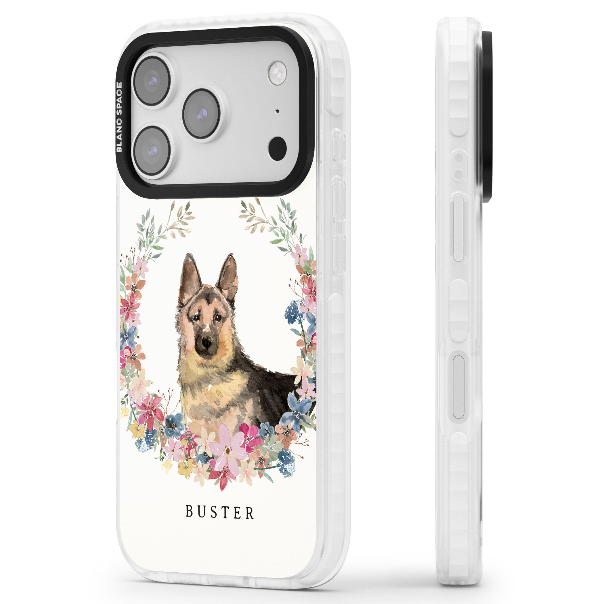 Personalised German Shepherd Floral Portrait iPhone 17 Pro Max Impact Clear Phone Case Side Profile