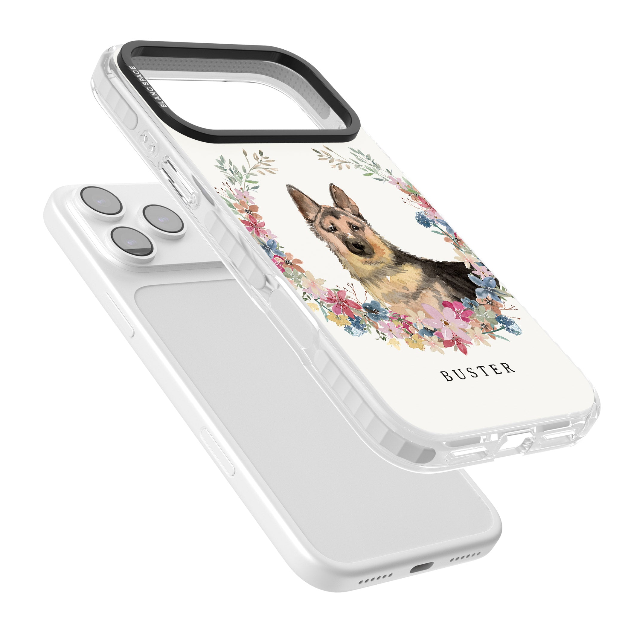 Personalised German Shepherd Floral Portrait iPhone 17 Pro Max Impact Clear Phone Case Colours