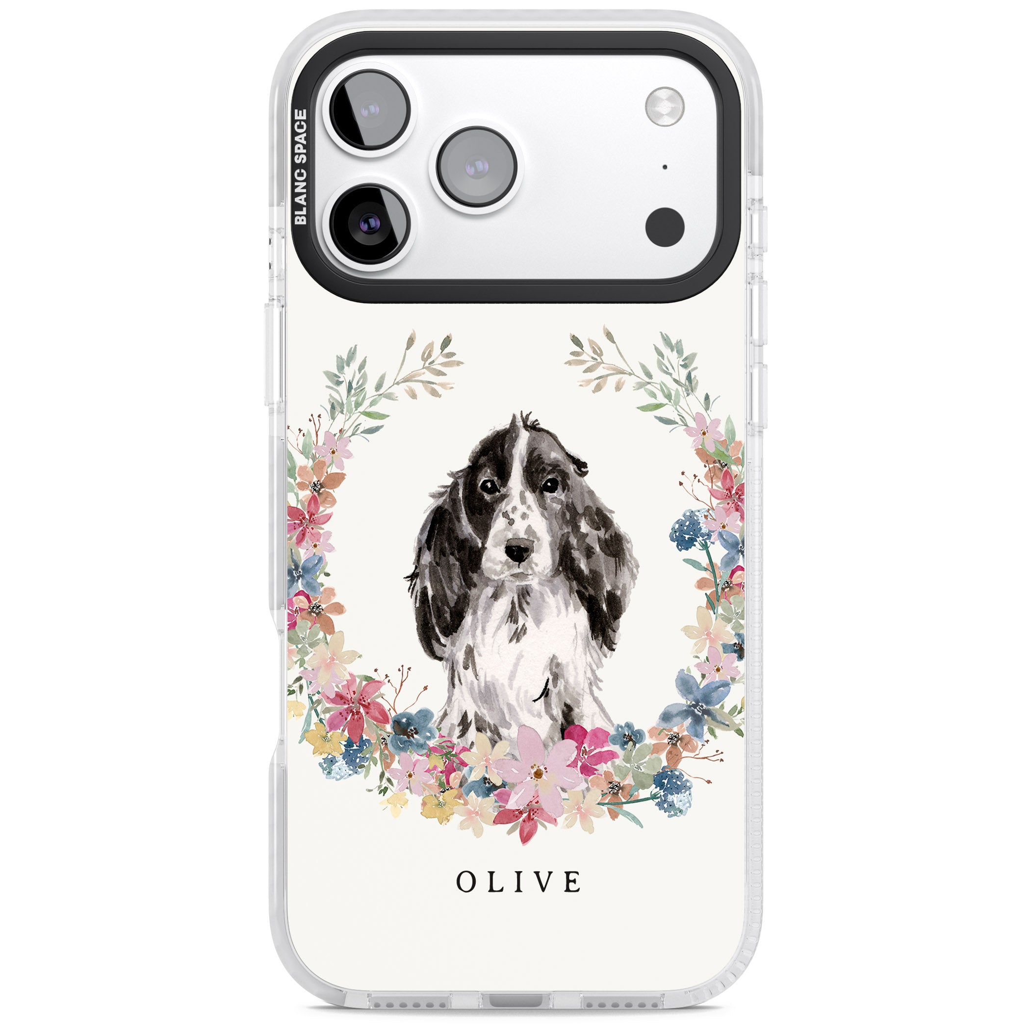 Personalised Black Cocker Spaniel Floral Portrait iPhone 17 Pro Max Impact Clear Phone Case