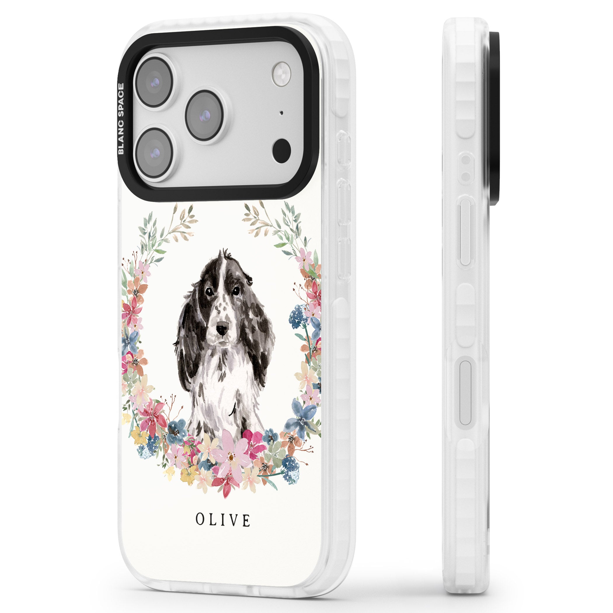 Personalised Black Cocker Spaniel Floral Portrait iPhone 17 Pro Max Impact Clear Phone Case Side Profile
