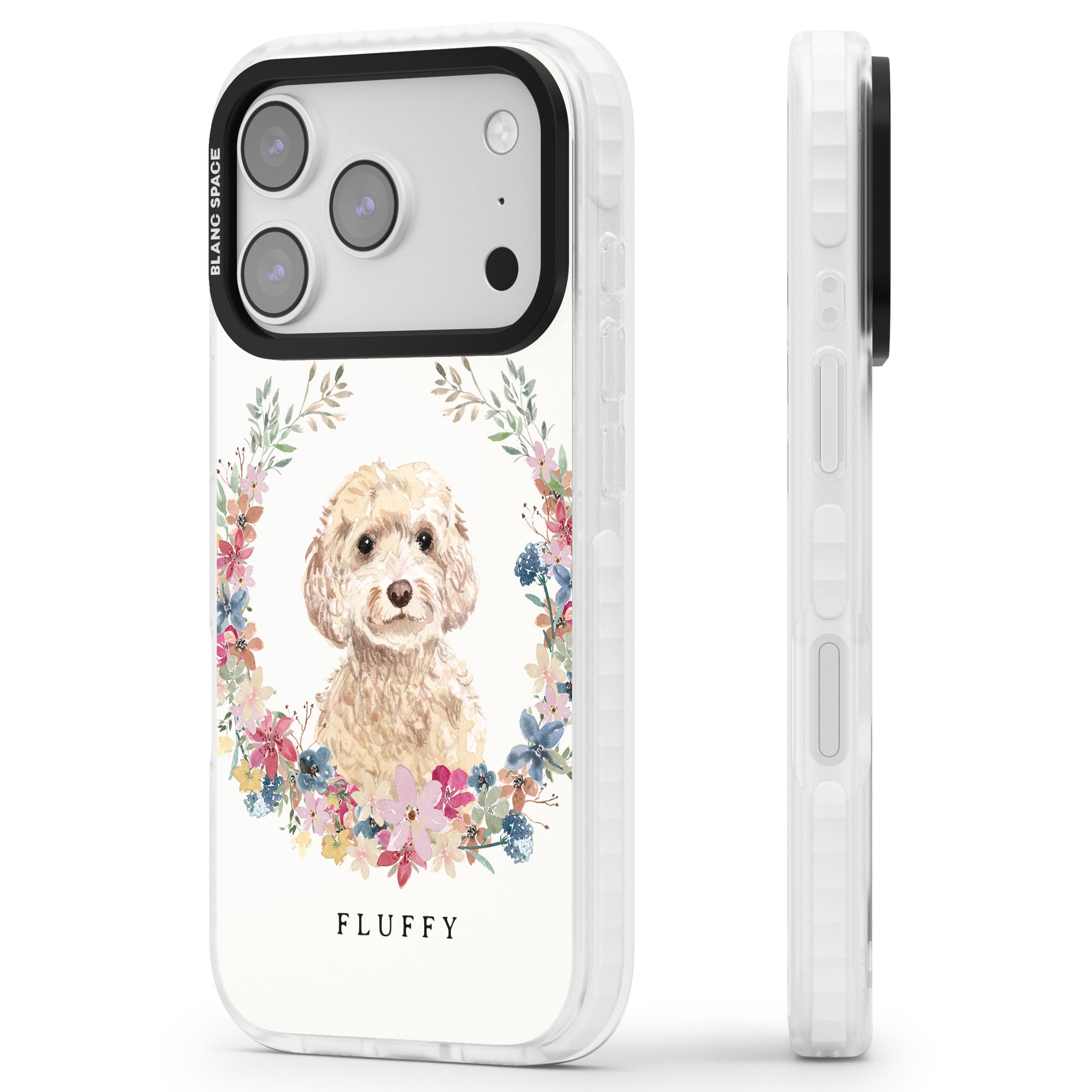 Personalised Champagne Cockapoo Floral Portrait iPhone 17 Pro Max Impact Clear Phone Case Side Profile