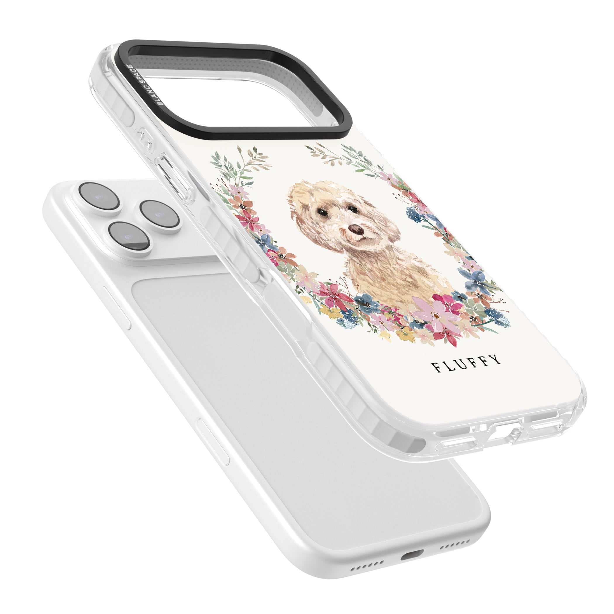 Personalised Champagne Cockapoo Floral Portrait iPhone 17 Pro Max Impact Clear Phone Case Colours