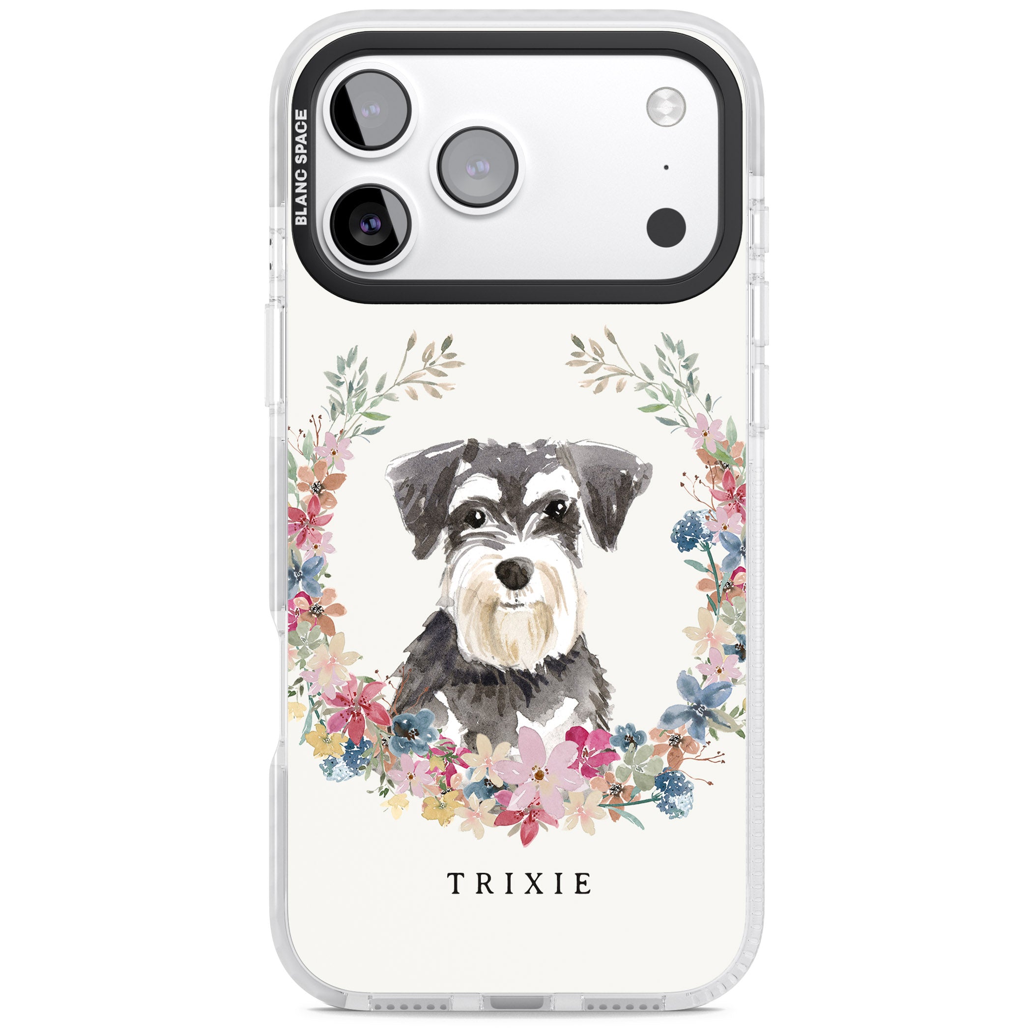 Personalised Watercolor Schnauzer Floral Portrait iPhone 17 Pro Max Impact Clear Phone Case