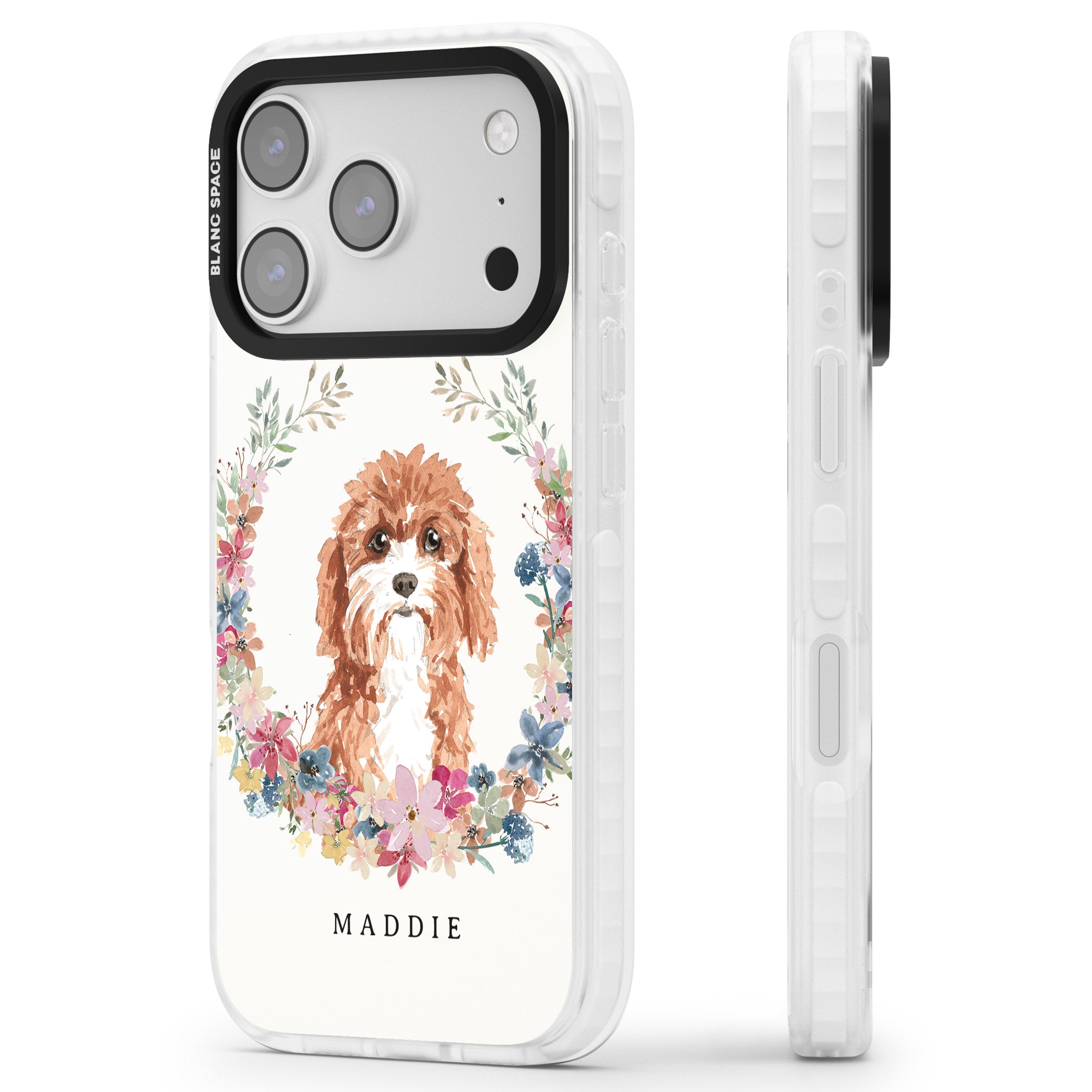Personalised Cavapoo Floral Portrait iPhone 17 Pro Max Impact Clear Phone Case Side Profile