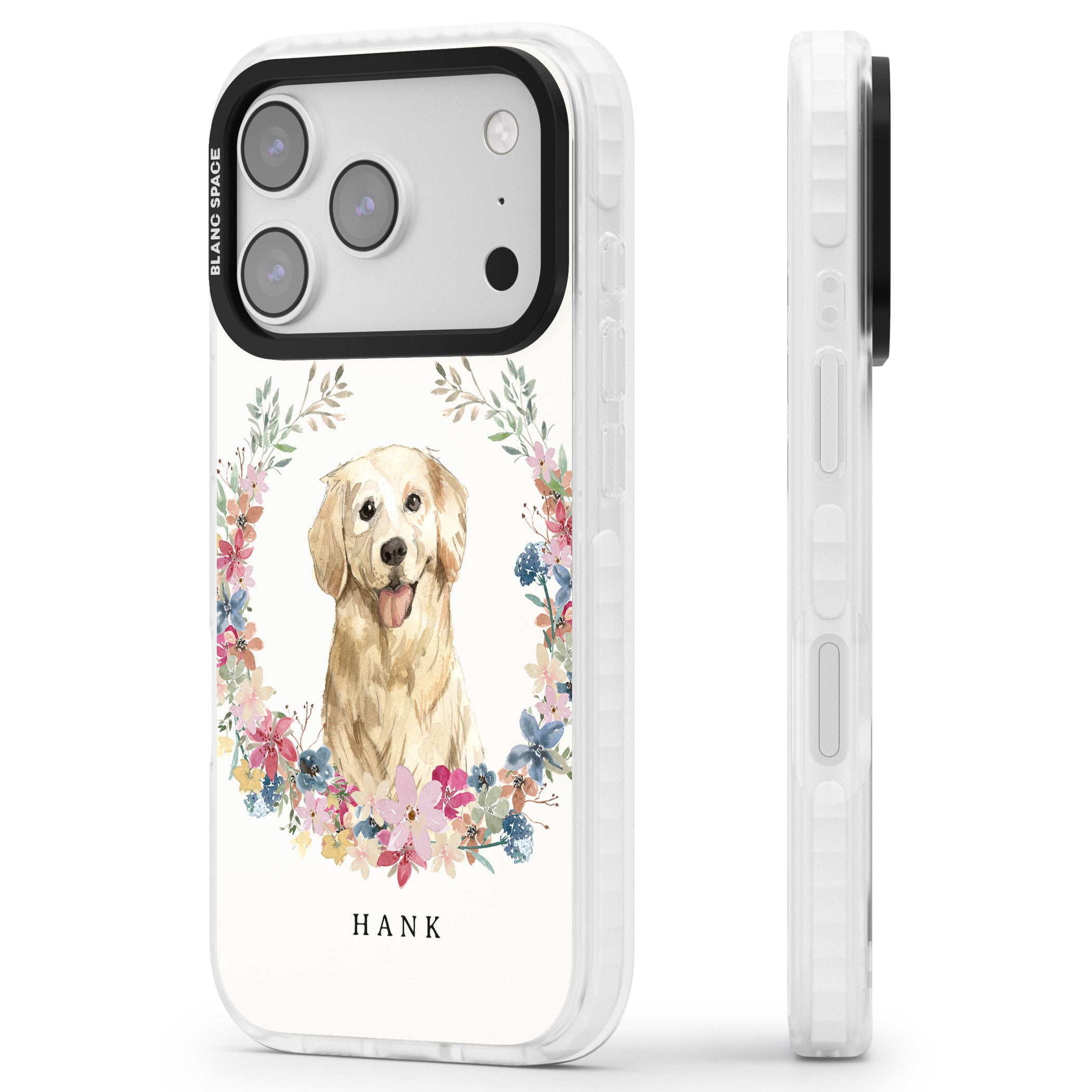 Personalised Golden Retriever Floral Portrait iPhone 17 Pro Max Impact Clear Phone Case Side Profile