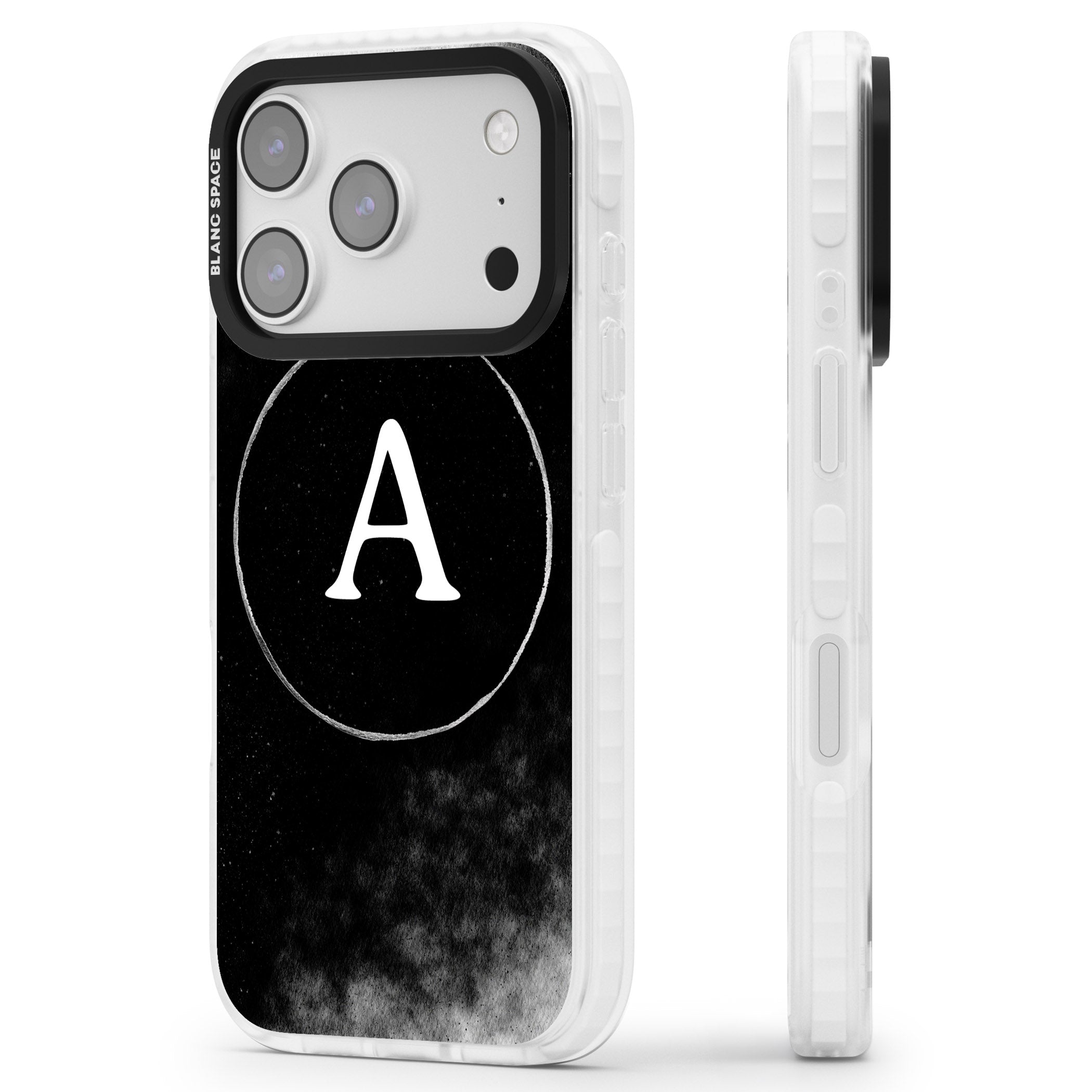 Personalised Monochrome Cosmic Monogram iPhone 17 Pro Max Impact Clear Phone Case Side Profile
