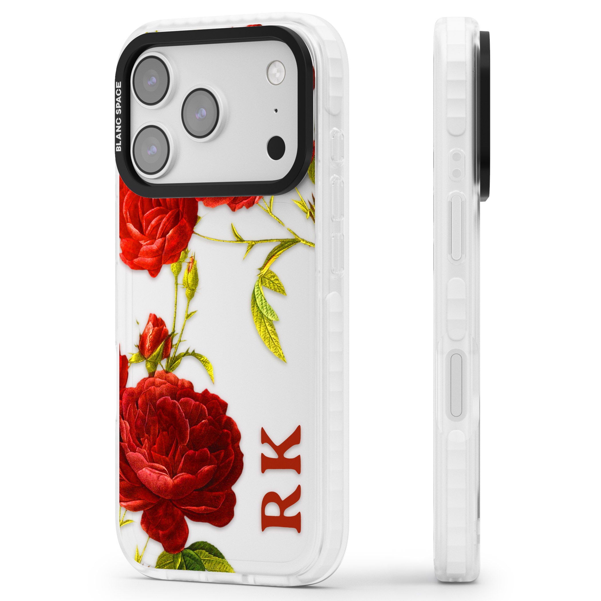 Personalised Vintage Floral Red Roses iPhone 17 Pro Max Impact Clear Phone Case Side Profile