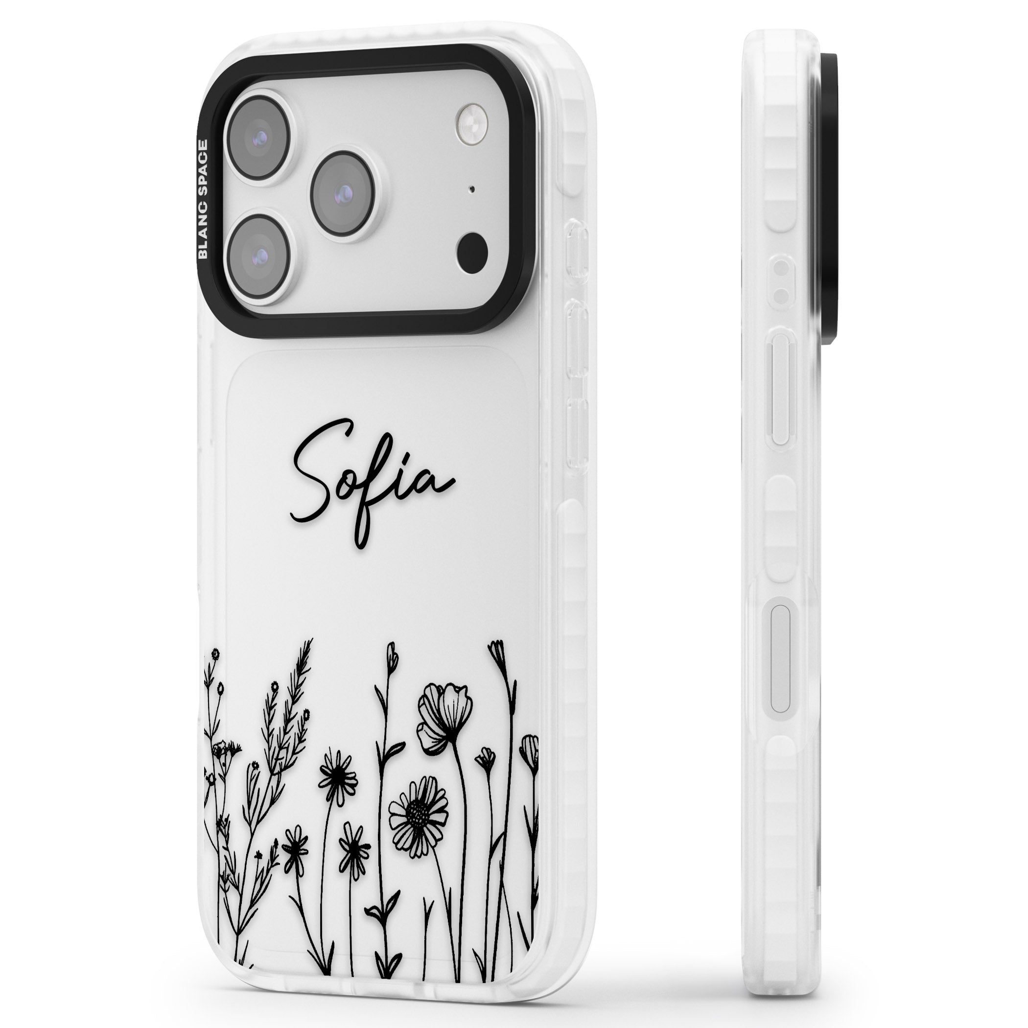 Personalised Black Wildflowers iPhone 17 Pro Max Impact Clear Phone Case Side Profile