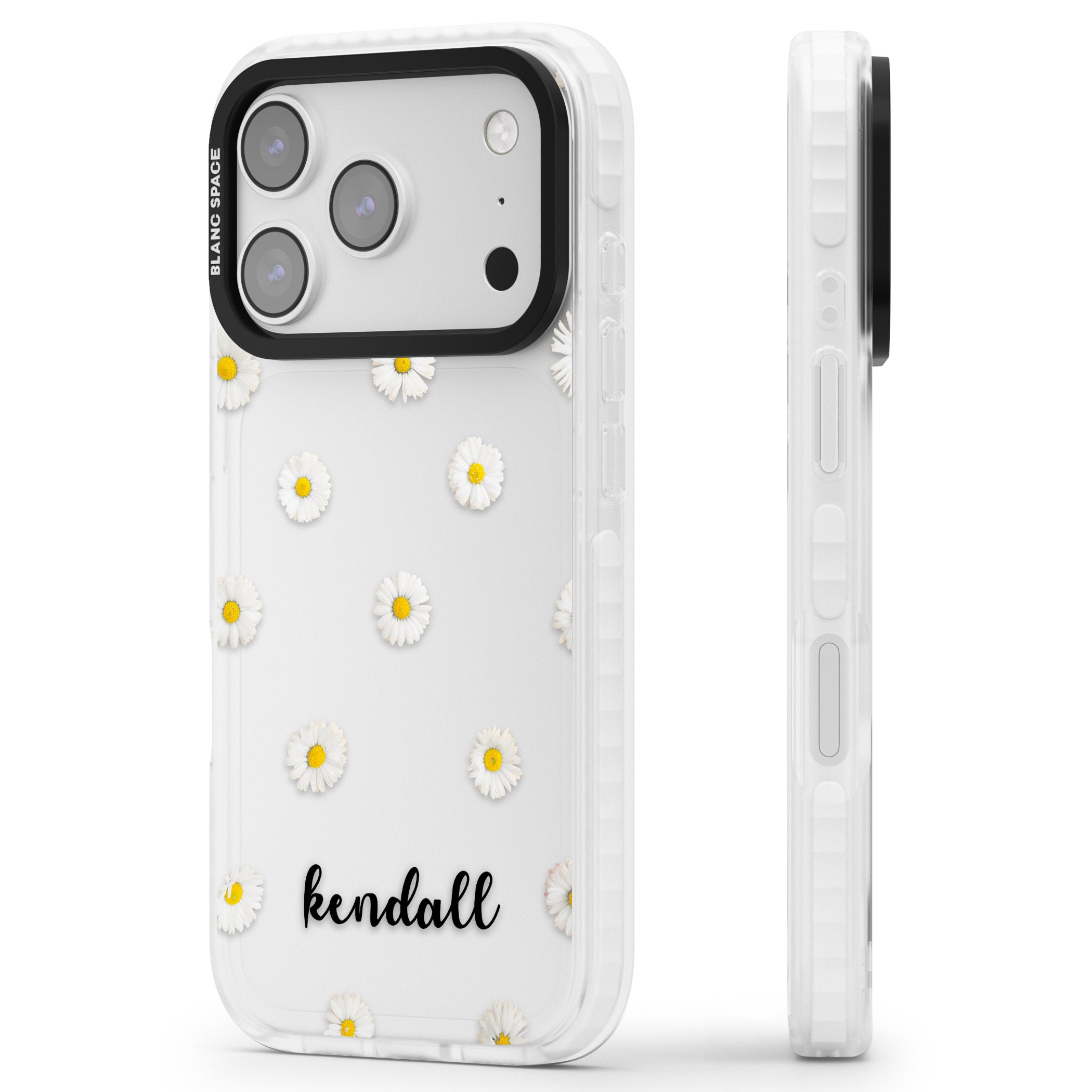 Personalised White Daisies & Cursive iPhone 17 Pro Max Impact Clear Phone Case Side Profile
